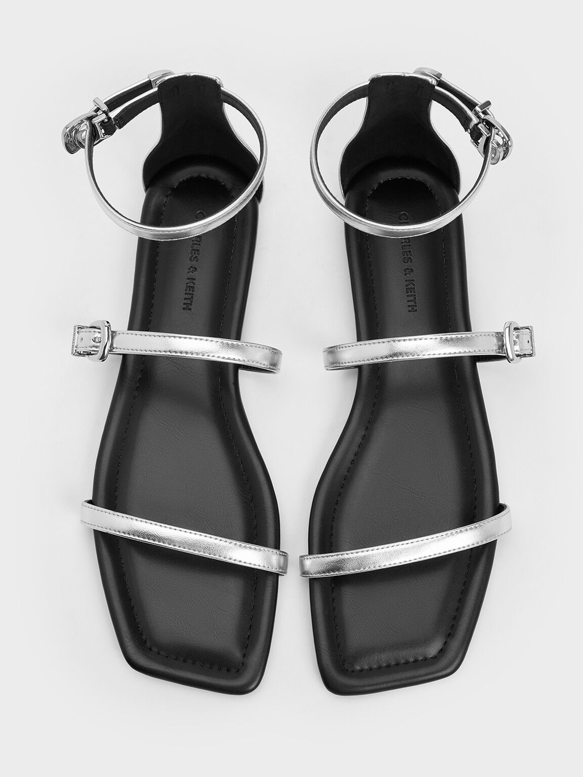 Square-Toe Buckled Triple-Strap Sandals, Silver, hi-res