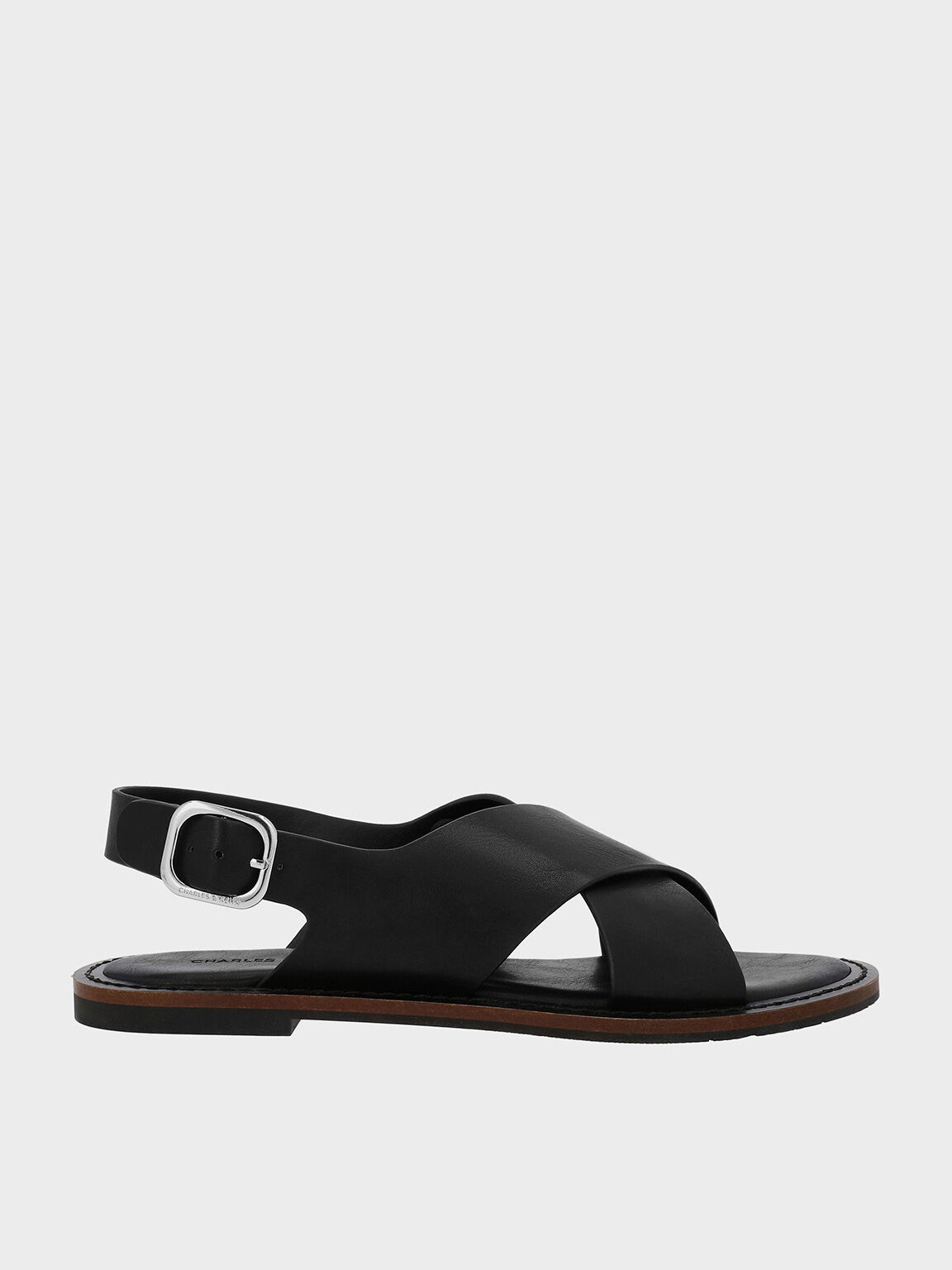 Crossover-Strap Slingback Sandals, Black, hi-res