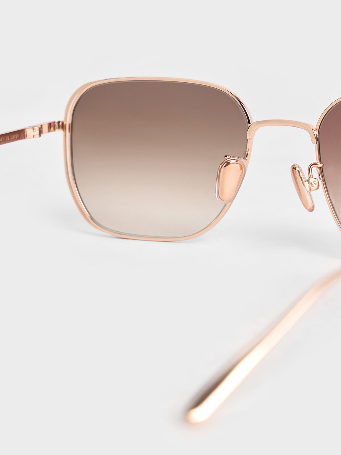 Metallic-Rim Rectangular Sunglasses, Rose Gold, hi-res