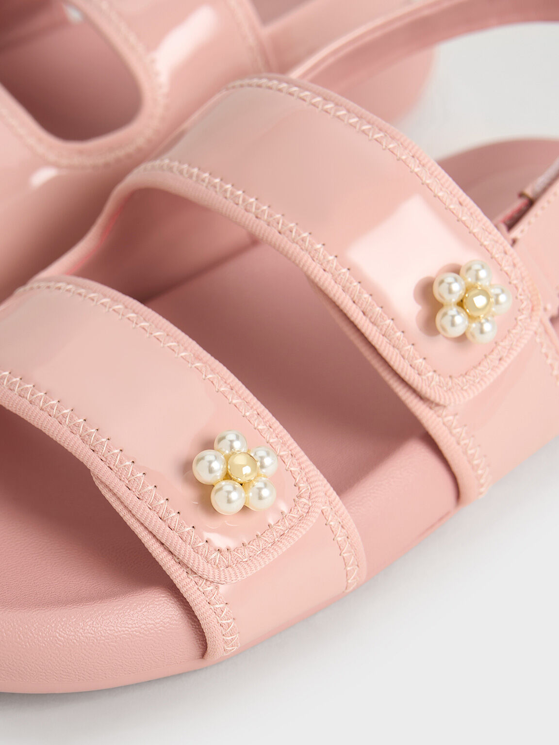 Sandalias de charol para niña con diseño floral de cuentas, Rosado, hi-res