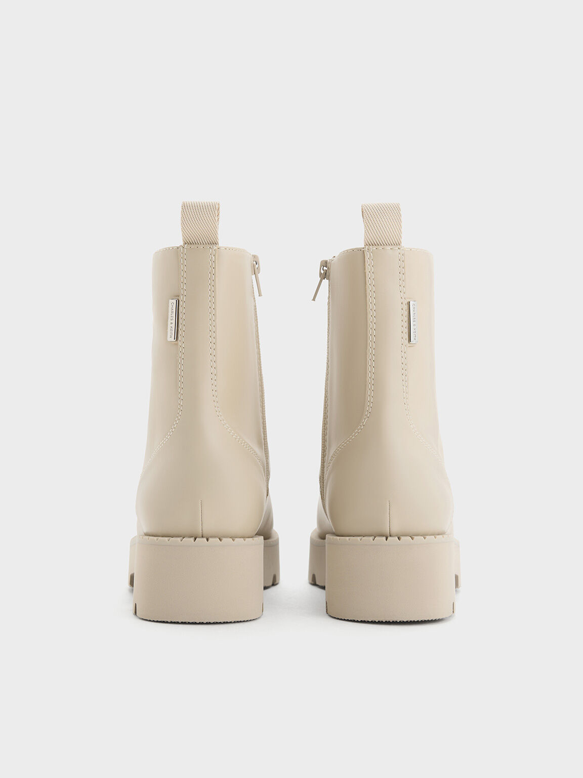 Ridged-Sole Lace-Up Combat Boots, Beige, hi-res