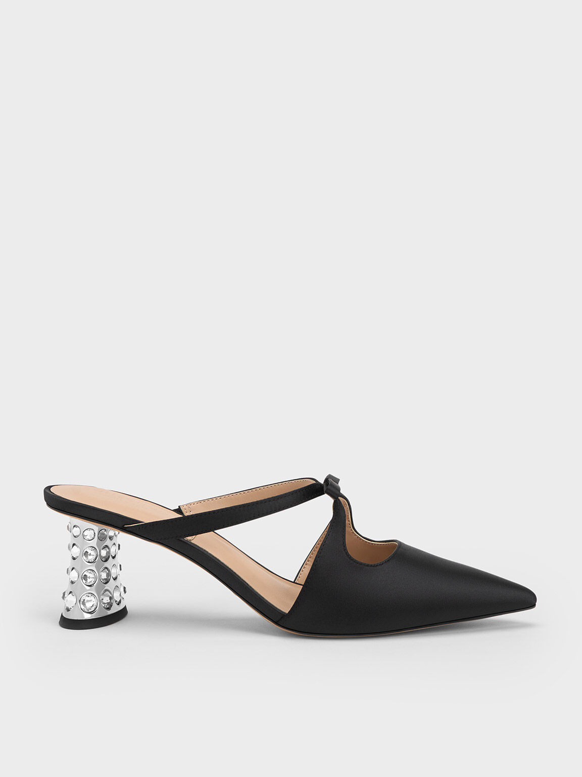 Black Bow Crossover Gem-Embellished Mules - CHARLES & KEITH CH