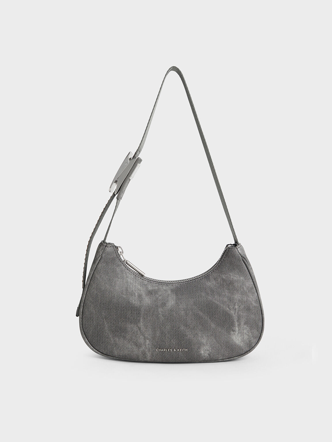 Sac porté épaule incurvé en denim à détail métallique, Gris Foncé, hi-res