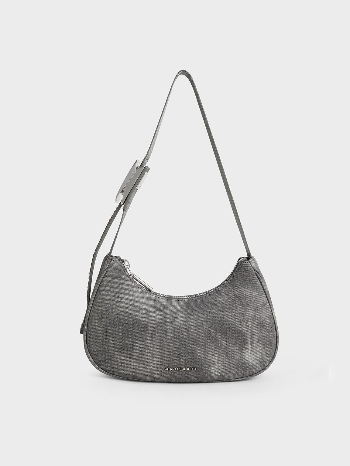 Bolso curvo de denim con acento metálico, Gris oscuro, hi-res