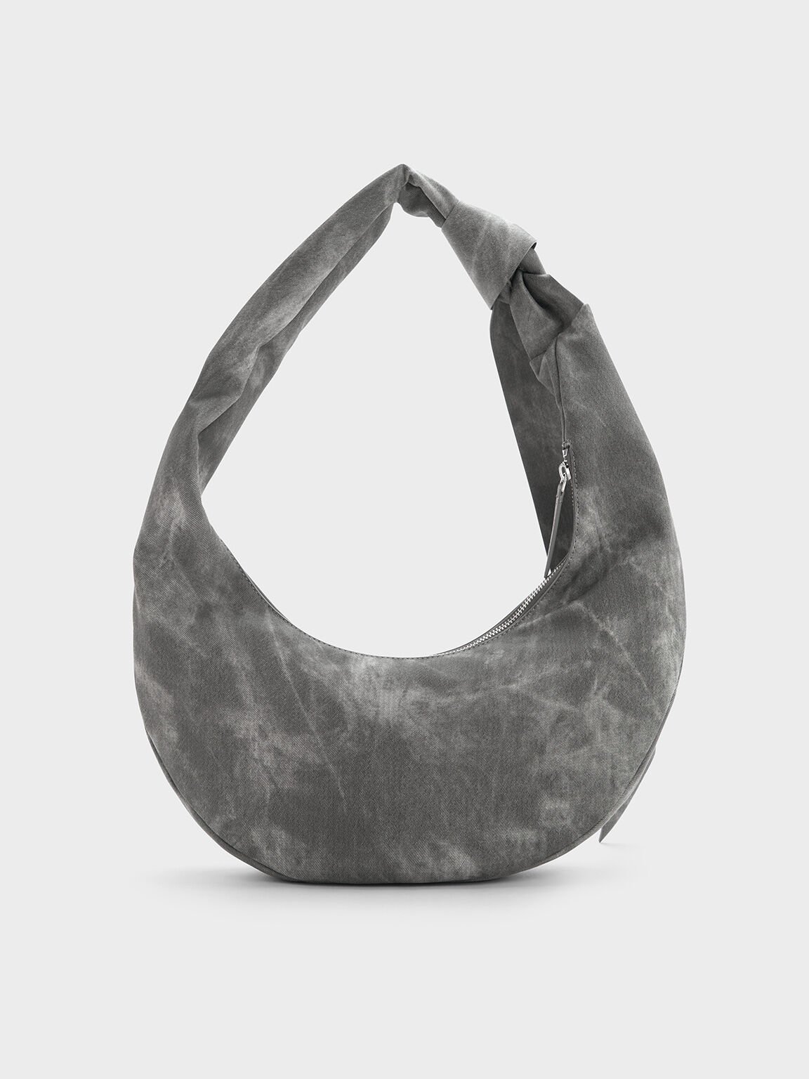 Bolso hobo curvo Toni de denim con detalles de nudos, Gris oscuro, hi-res