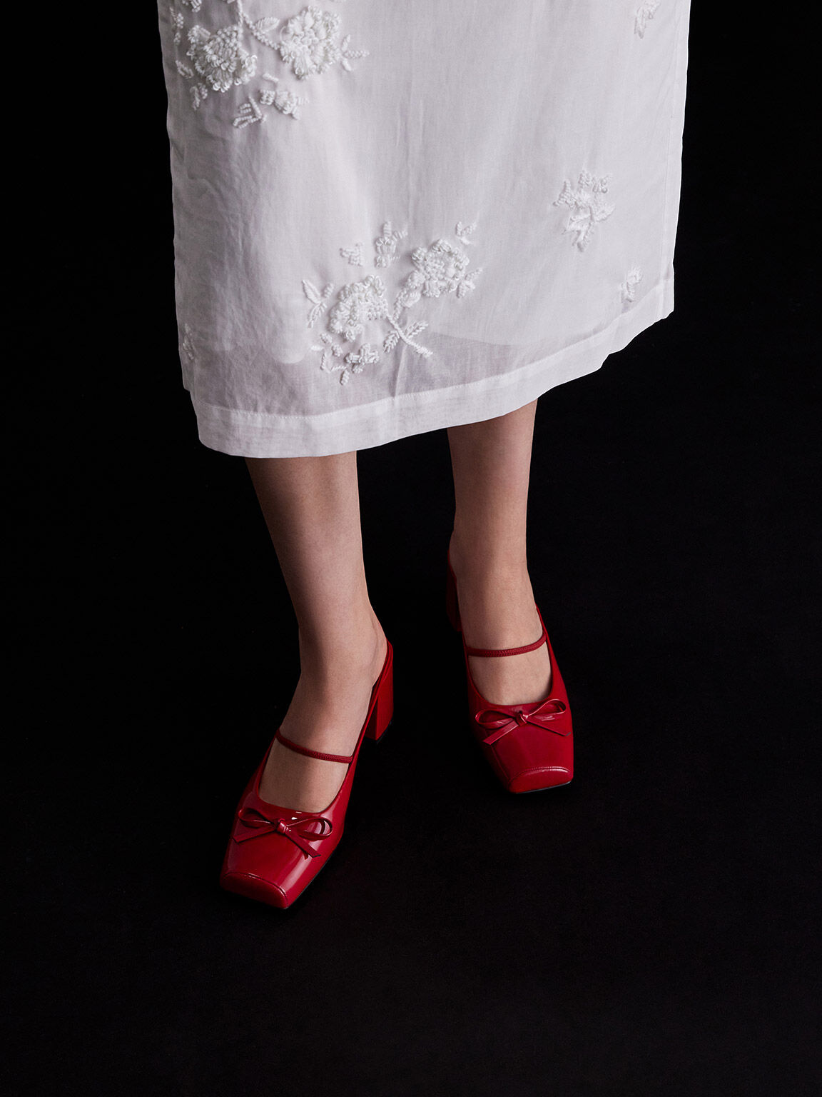 Bow Square-Toe Block-Heel Ballet Mules, Red, hi-res