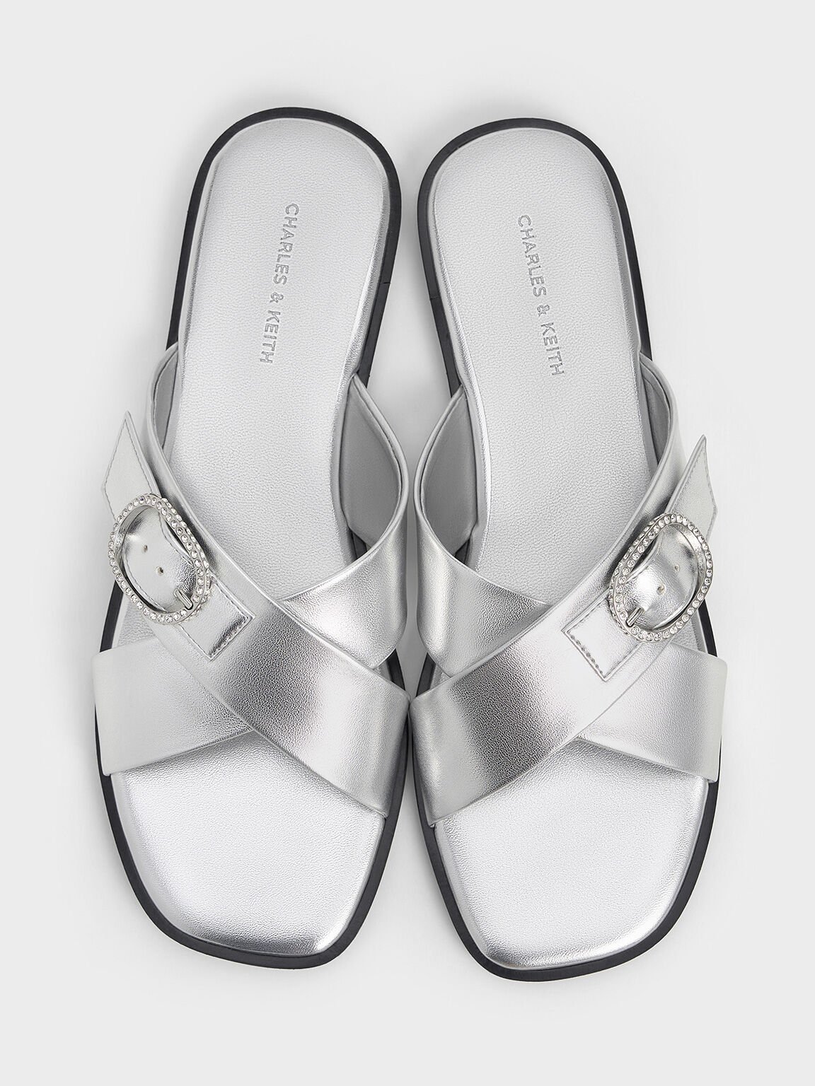 Metallic Crystal-Buckle Crossover-Strap Sandals, Silver, hi-res