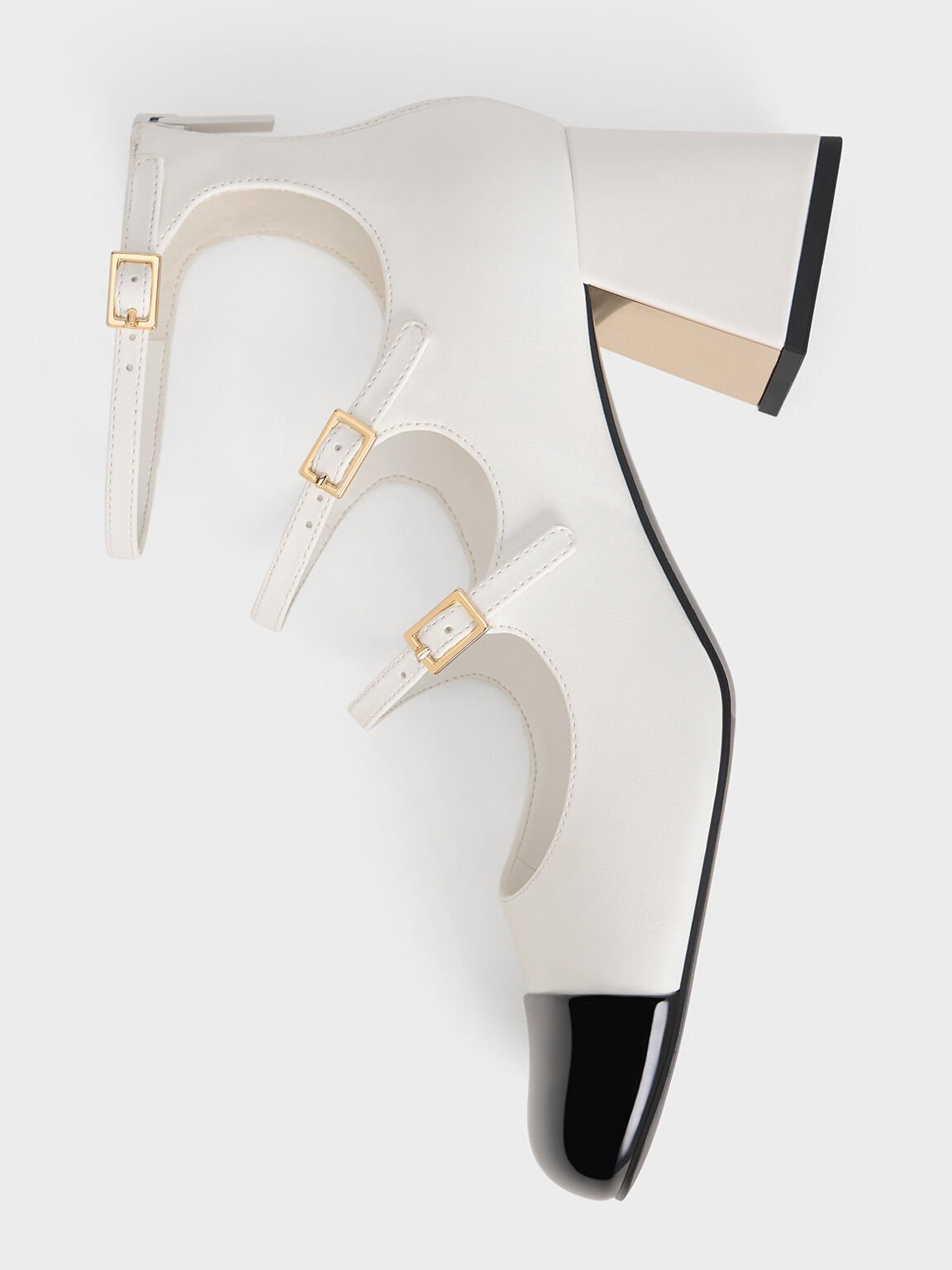 Patent Triple-Strap Cap-Toe Mary Jane Pumps, White, hi-res