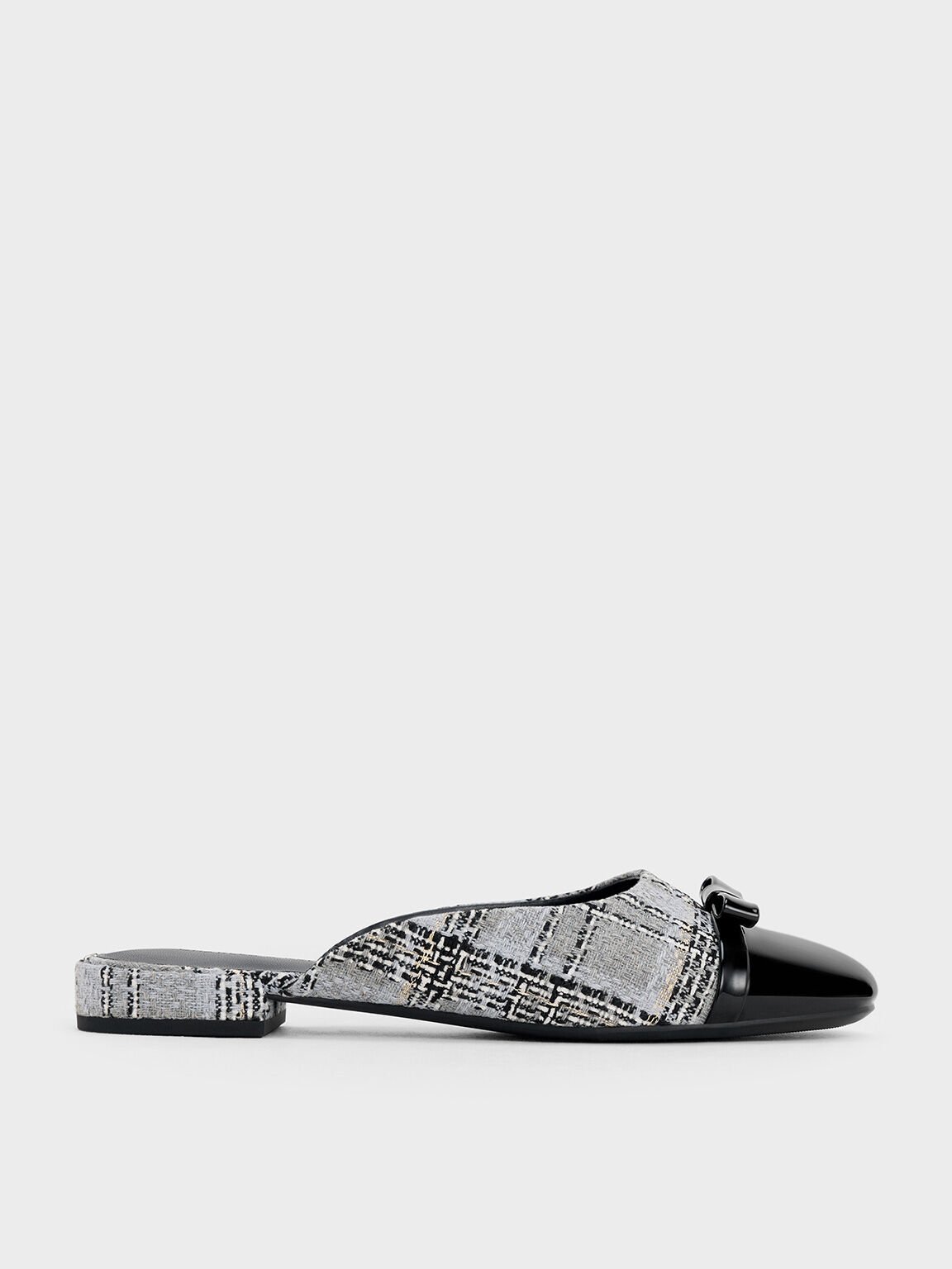 Bow Tweed Cap-Toe Mules, Grey, hi-res