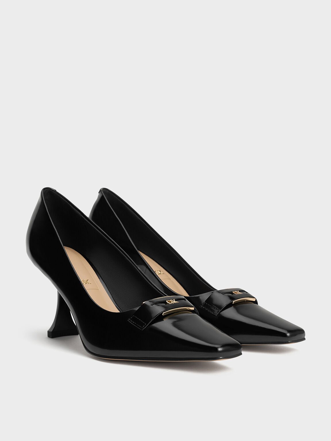 Leather Sculptural-Heel Square-Toe Pumps, Black Box, hi-res