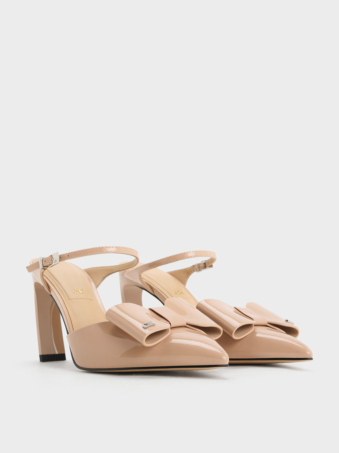 Lu Patent Leather Bow Blade-Heel Mules, Nude, hi-res