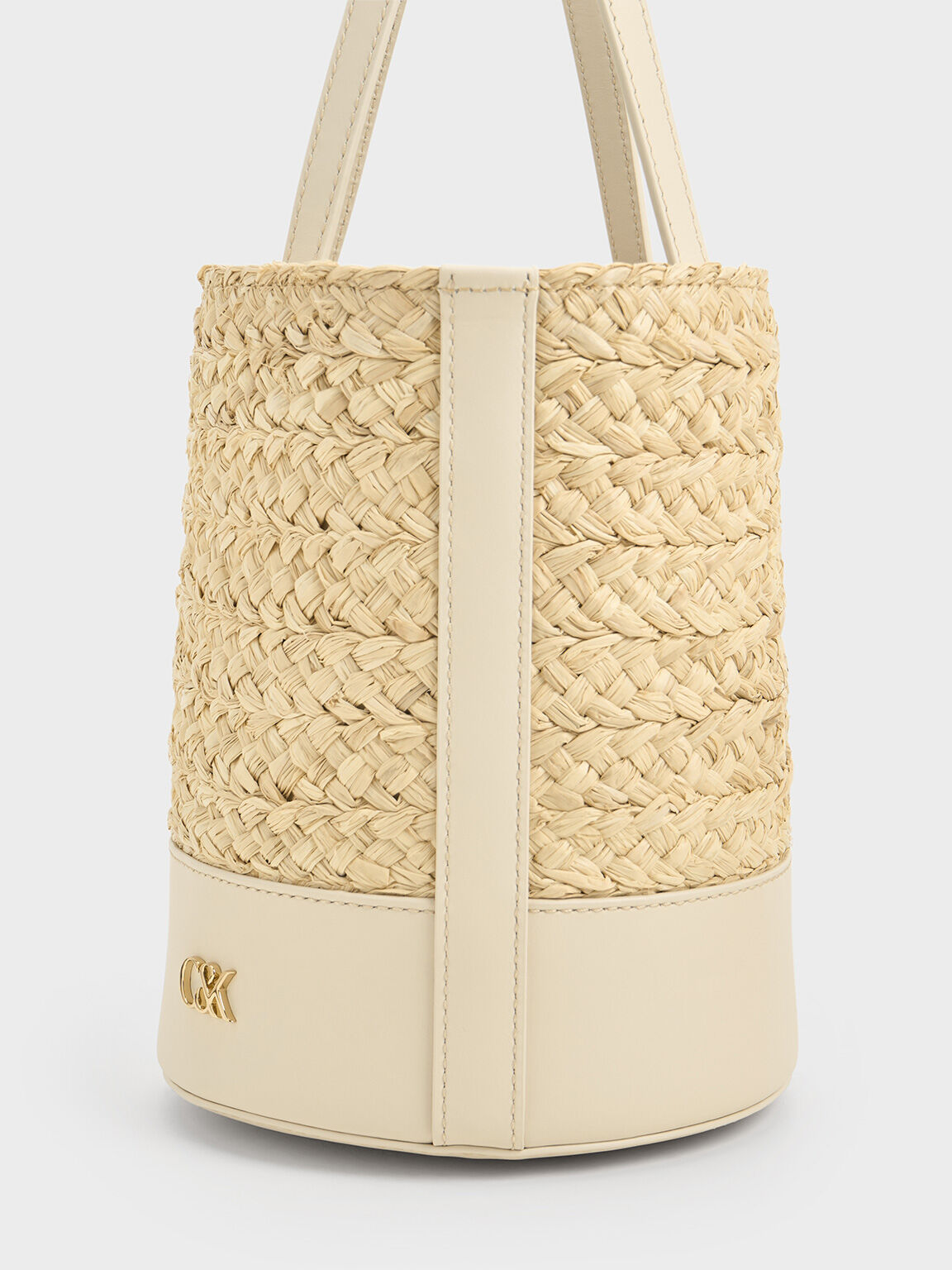 Sac seau en cuir et raphia, Beige, hi-res