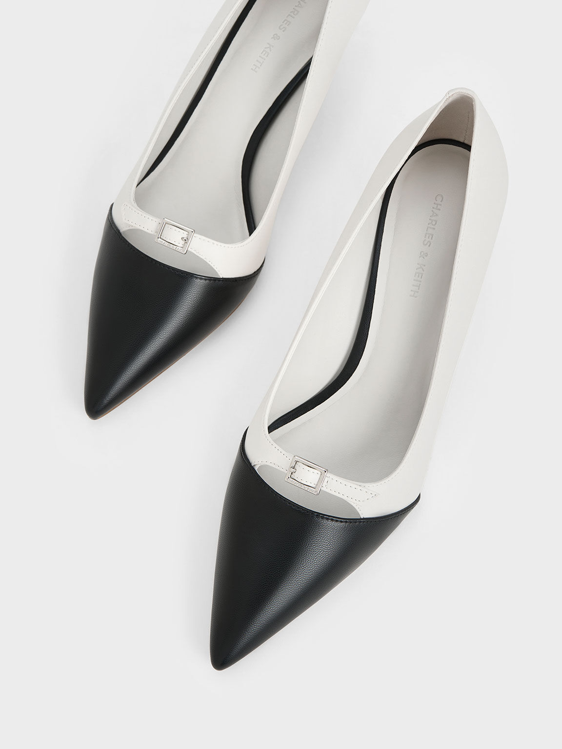 White Two-Tone Buckle-Strap Pointed-Toe Pumps - CHARLES & KEITH BE