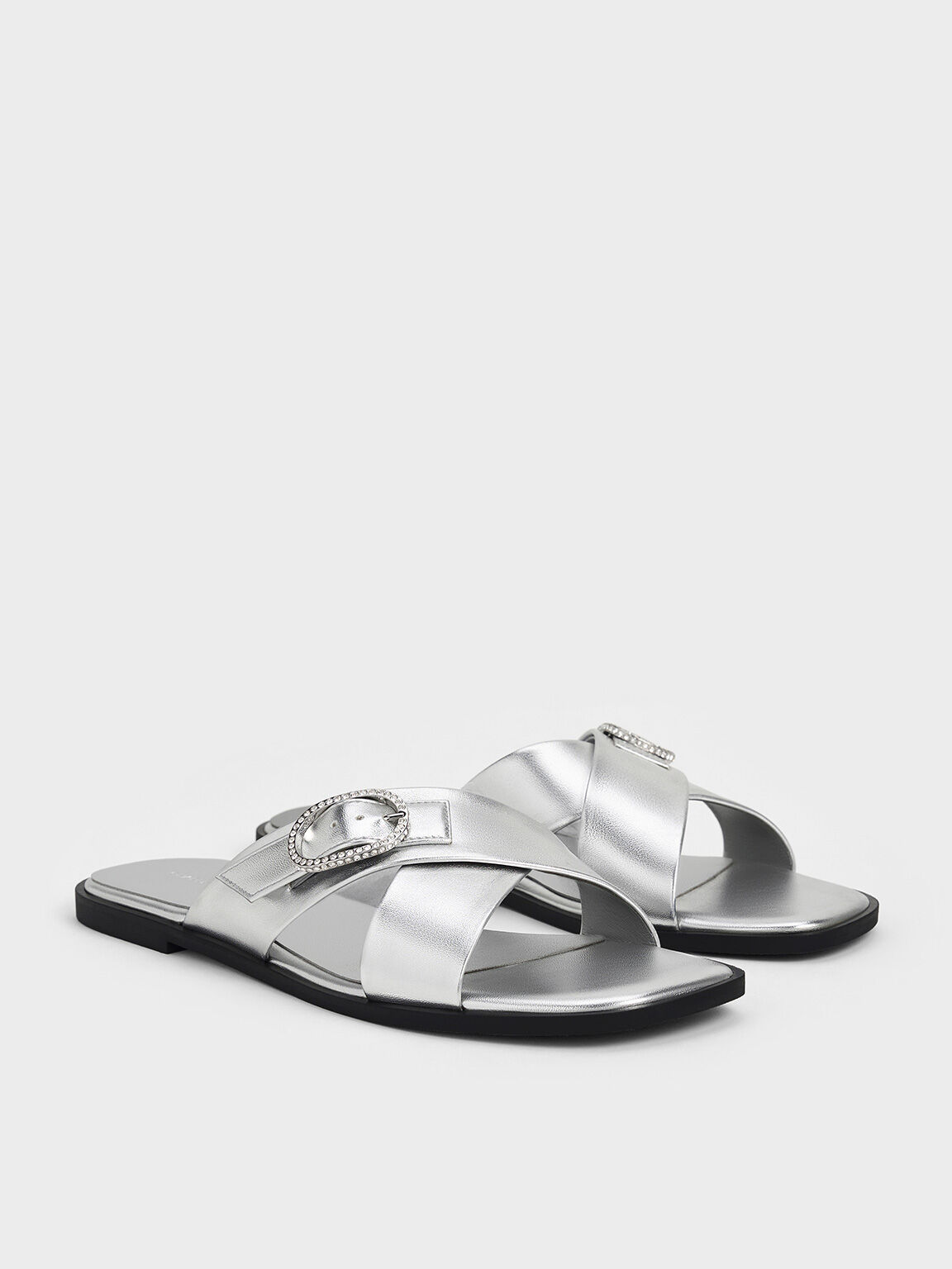 Metallic Crystal-Buckle Crossover-Strap Sandals, Silver, hi-res