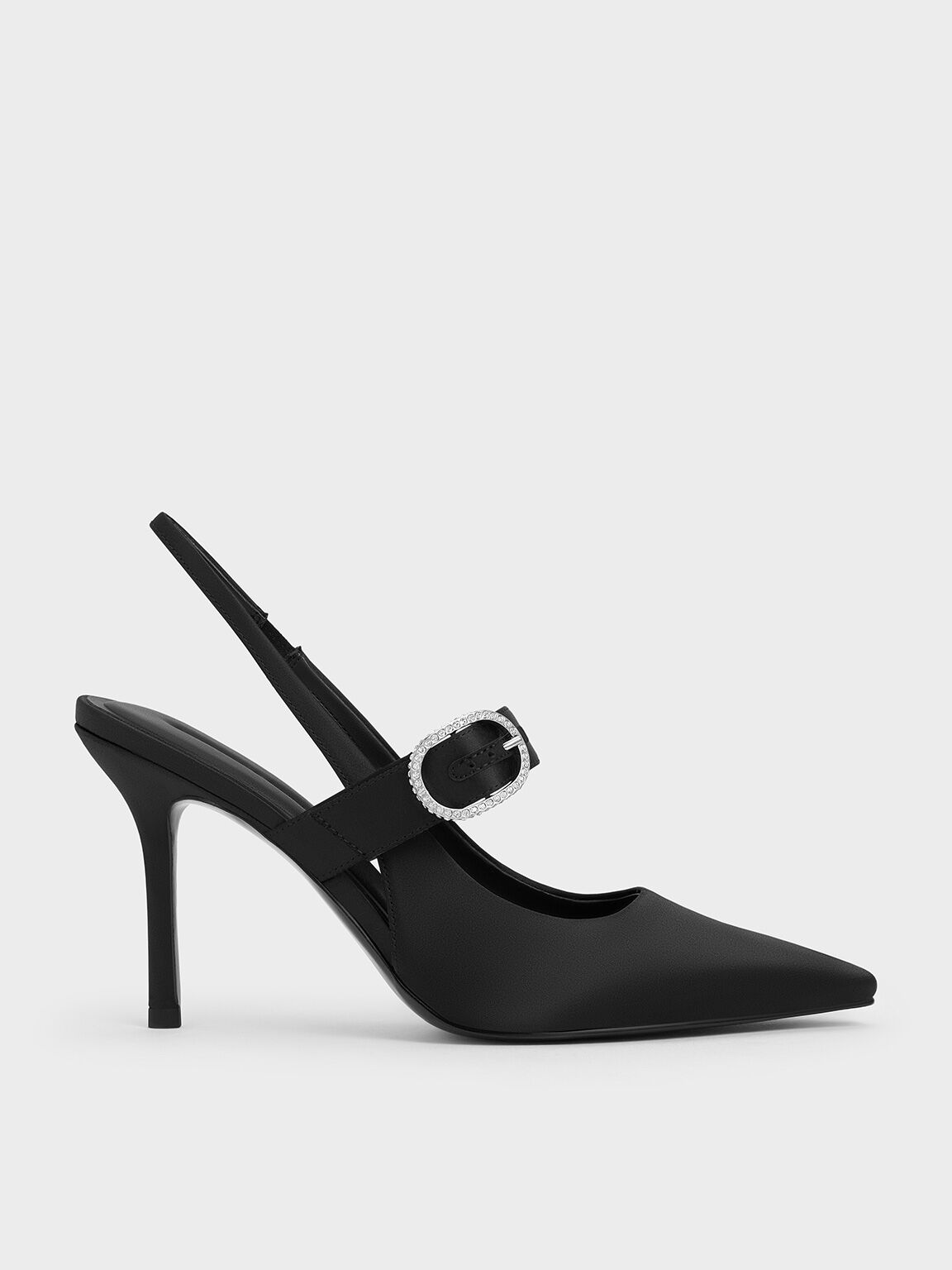 Satin Crystal-Embellished Slingback Mary Jane Pumps, Black Textured, hi-res