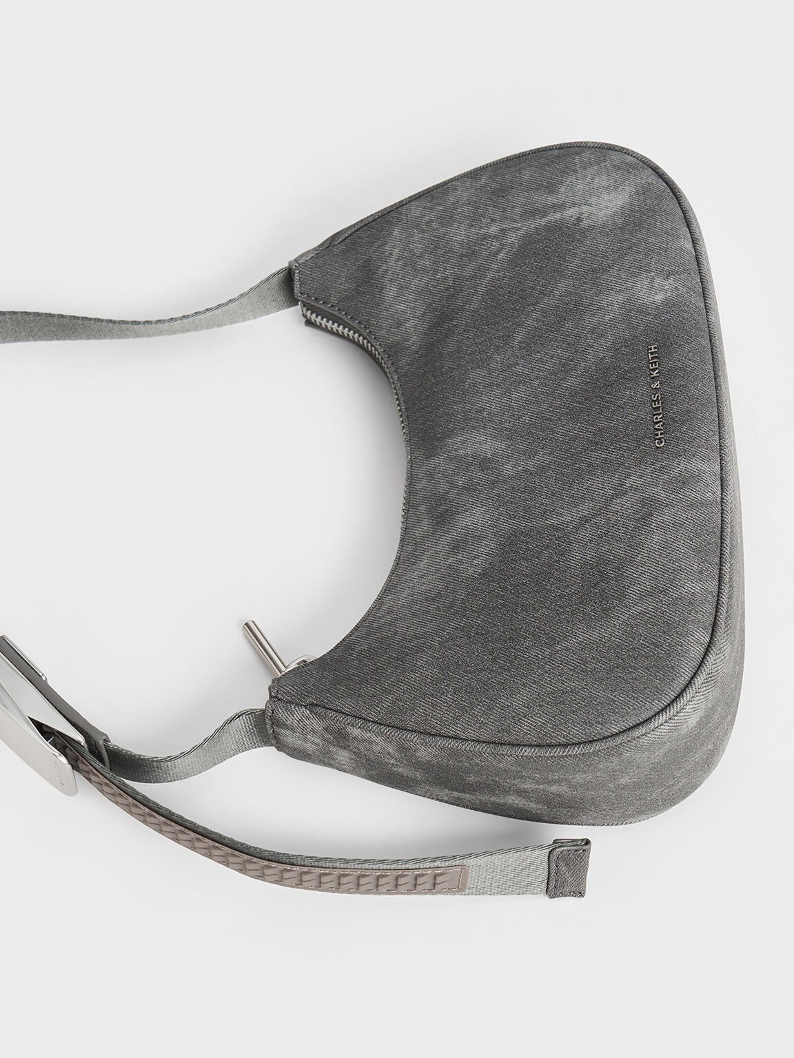 Denim Curved Metallic-Accent Shoulder Bag, Dark Grey, hi-res