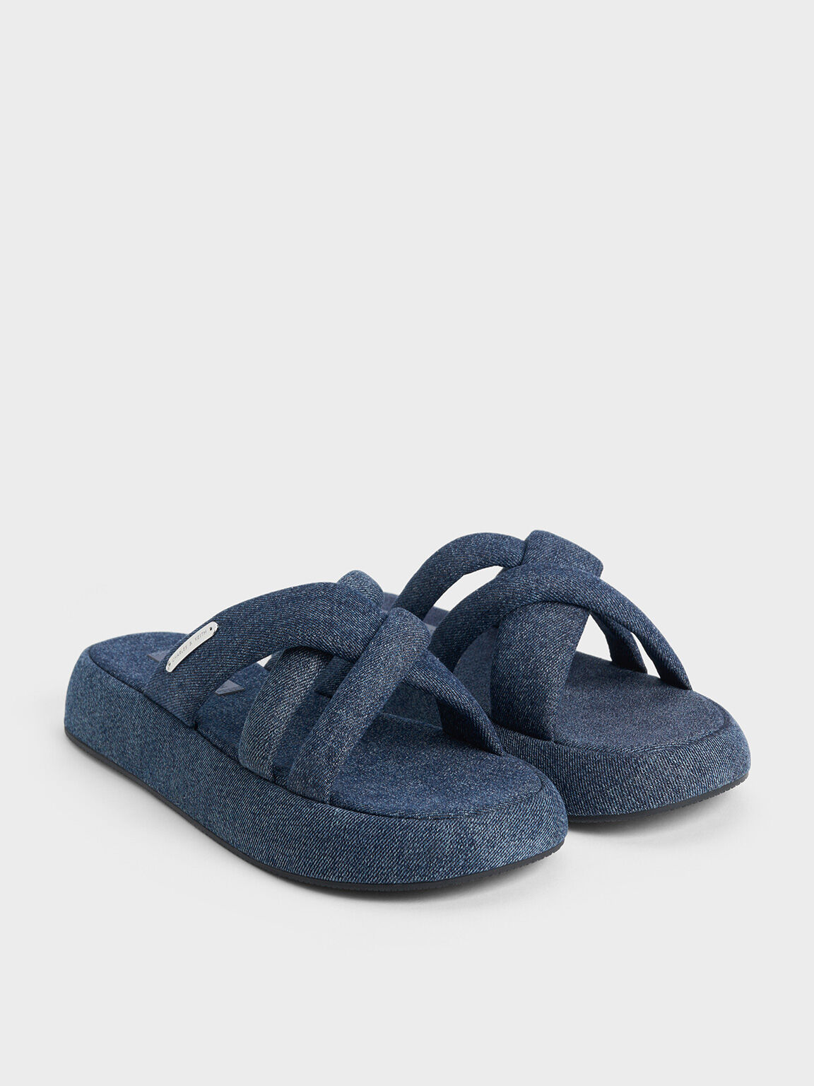 Denim Puffy Crossover-Strap Slide Sandals, Denim Blue, hi-res