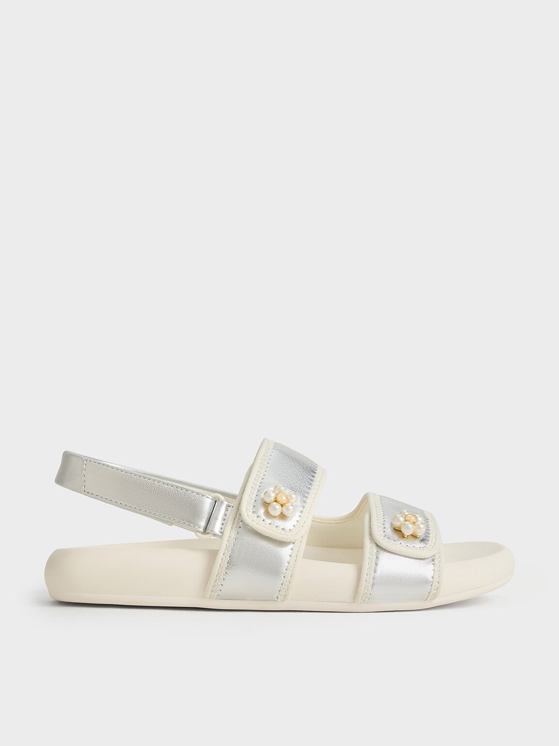 Girls' Metallic Beaded-Flower Sandals, Silver, hi-res