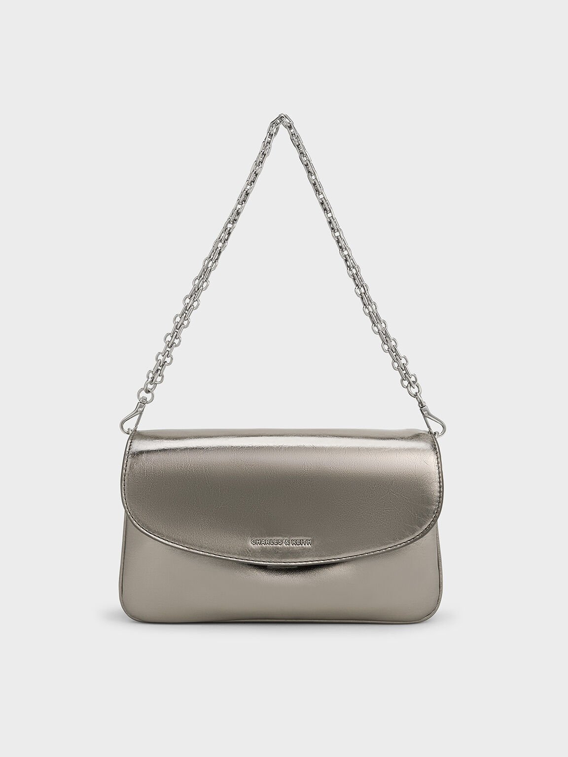 Caia Metallic Front Flap Shoulder Bag, Pewter, hi-res