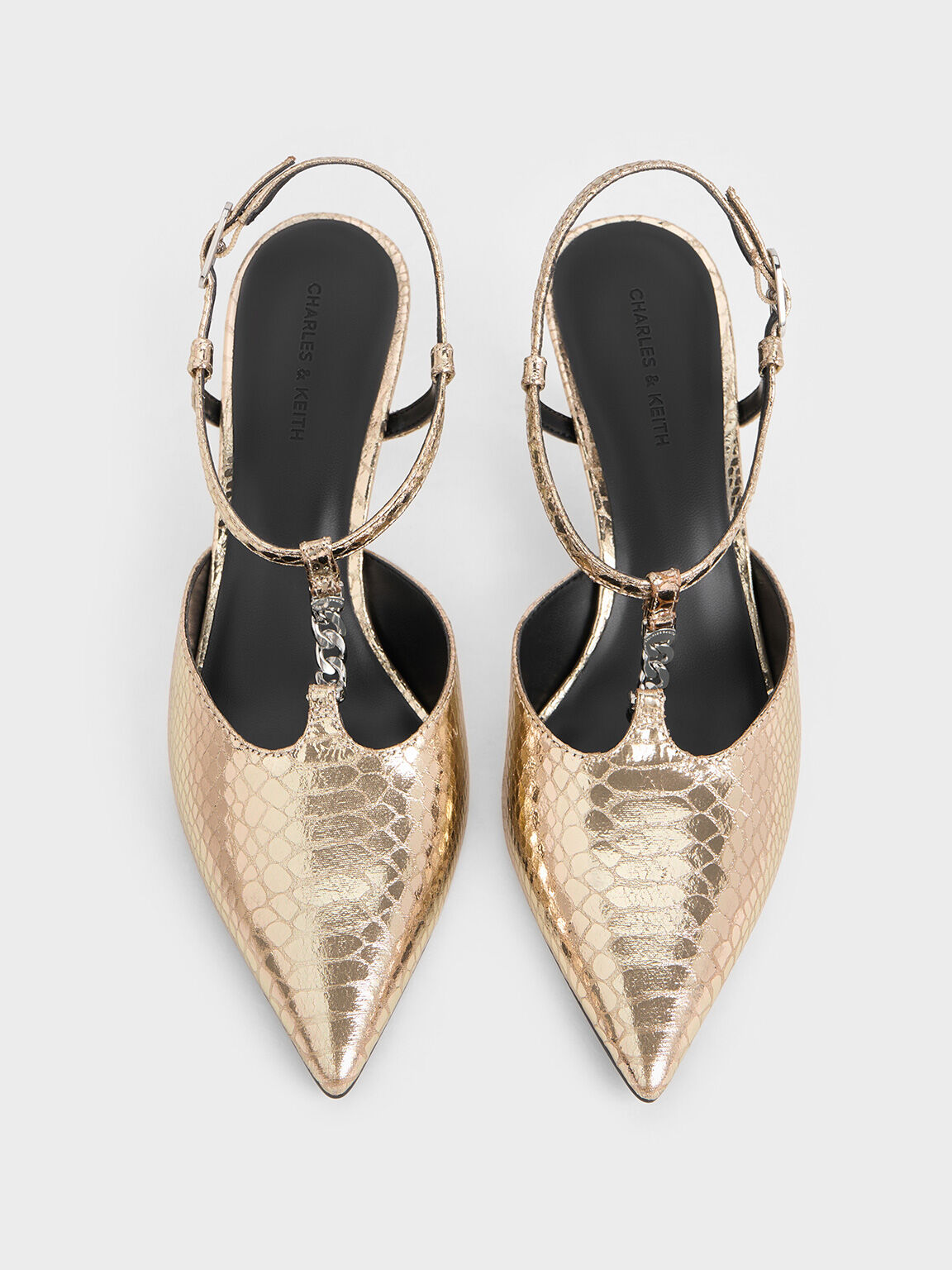 Metallic Snake-Effect T-Bar Chain-Link Pointed-Toe Pumps, Animal Print Gold, hi-res