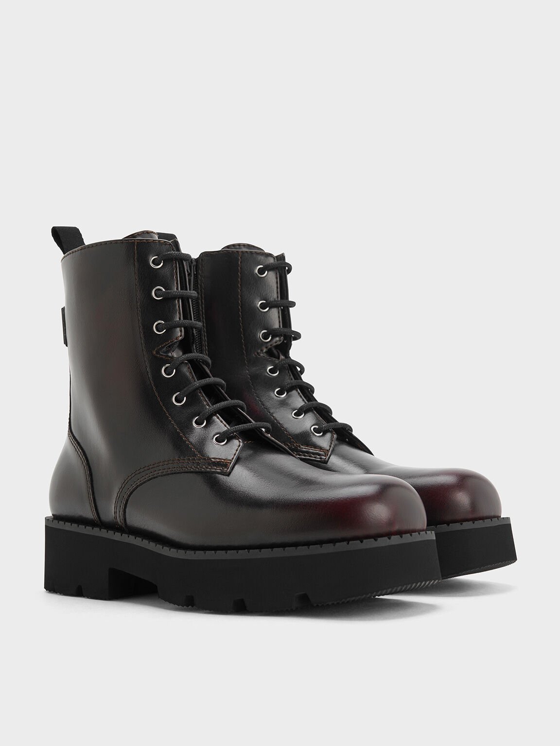 Ridged-Sole Lace-Up Combat Boots, Burgundy, hi-res