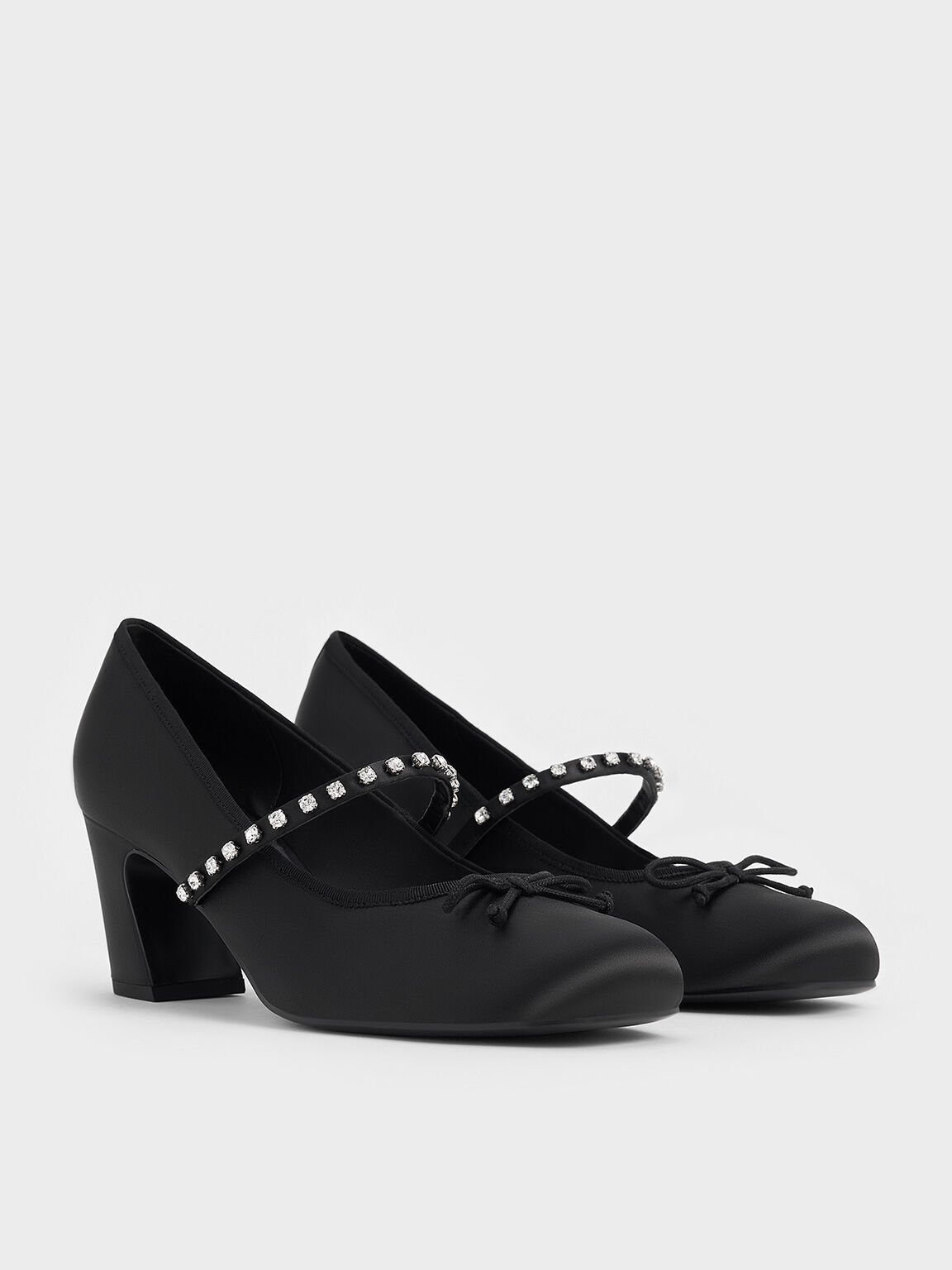 Satin Gem-Embellished Bow Mary Jane Pumps, Black Textured, hi-res