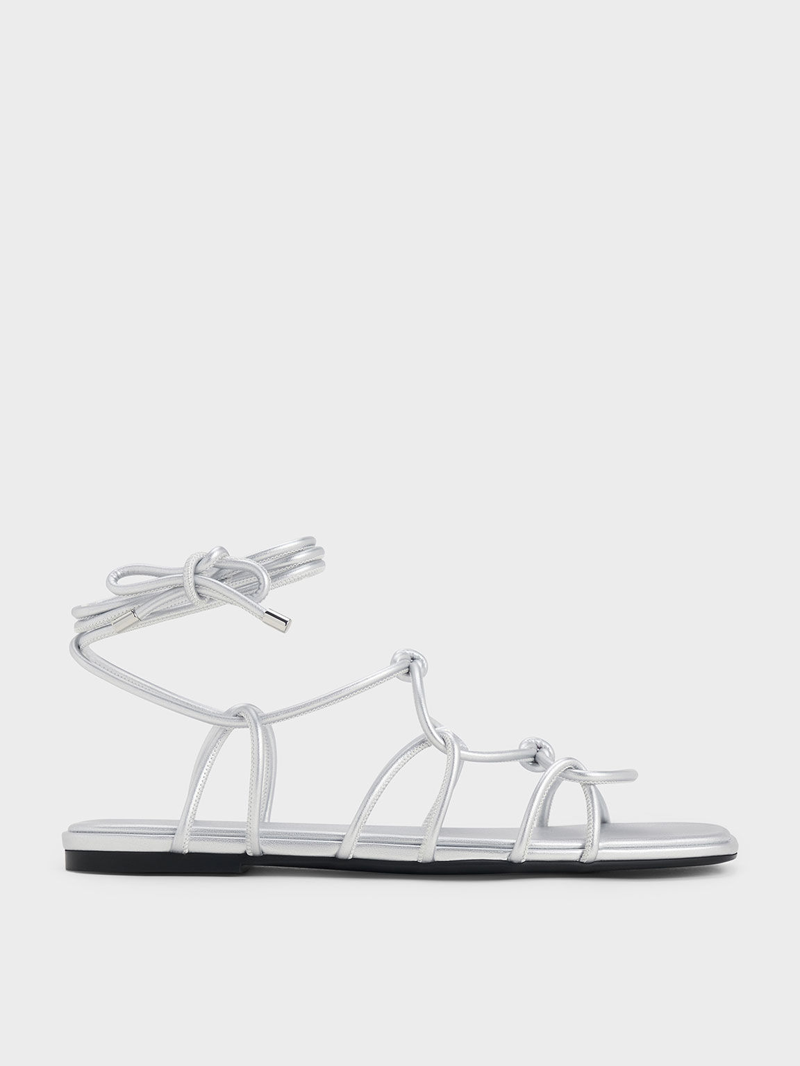 Strappy Knotted Tie-Around Sandals, Silver, hi-res