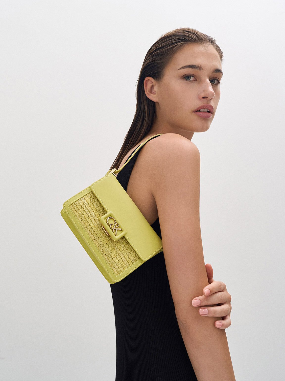 Sac boxy en cuir et raphia, Vert Citron, hi-res