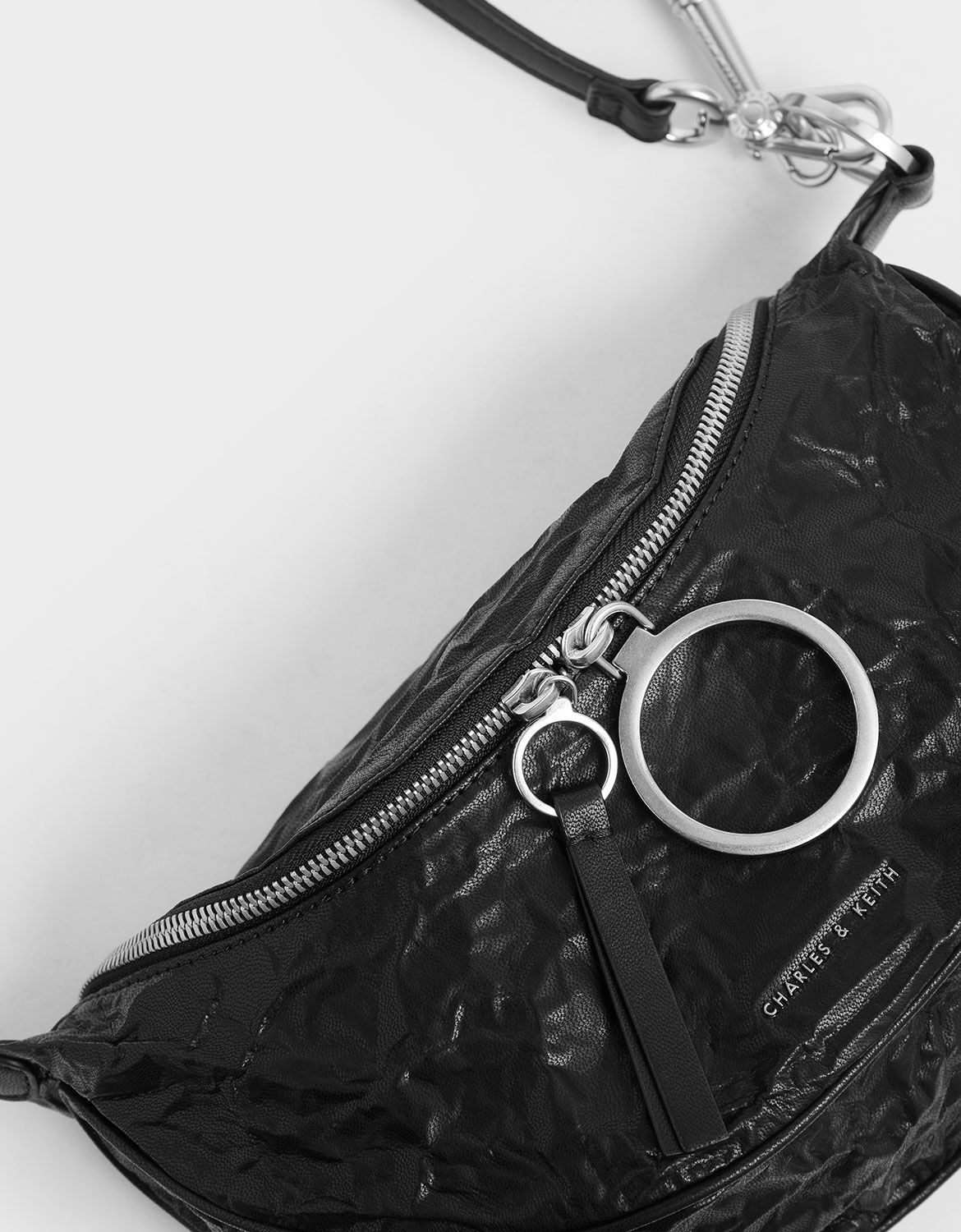 Wrinkled Effect Semi-Circle Crossbody Bag, Black, hi-res