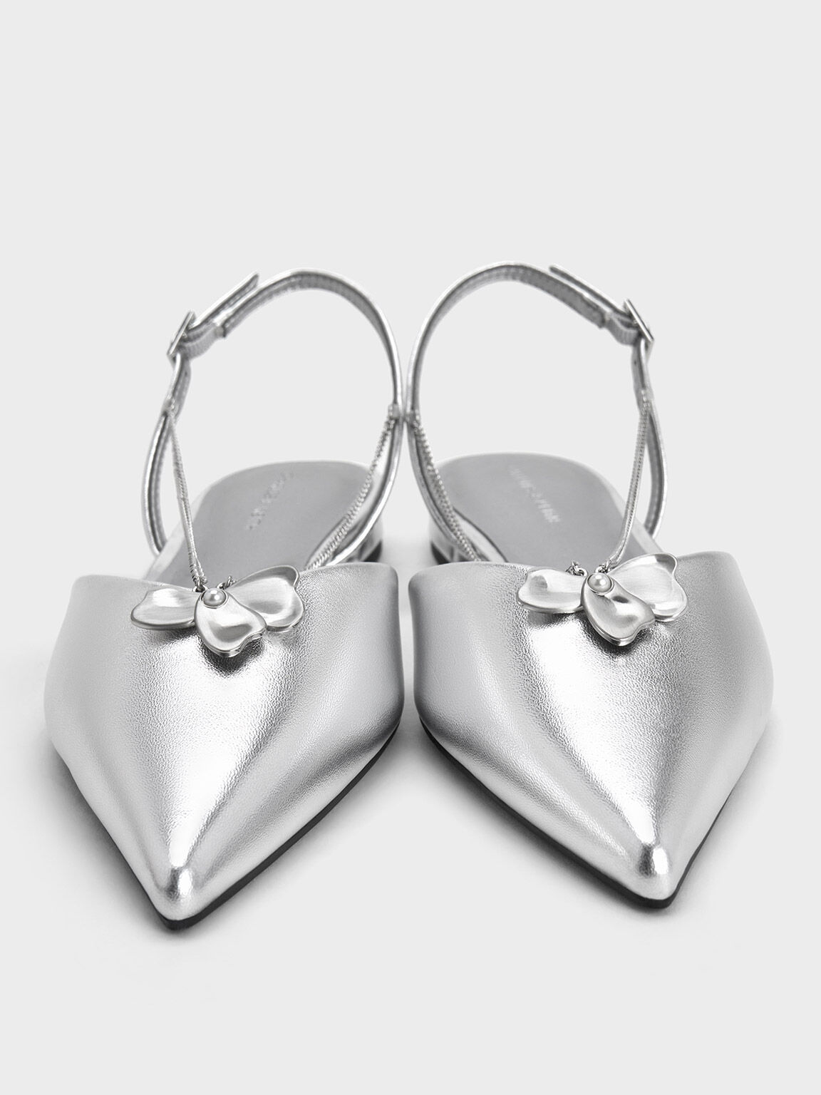 Metallic Flower-Accent Chain-Link Slingback Flats - Silver