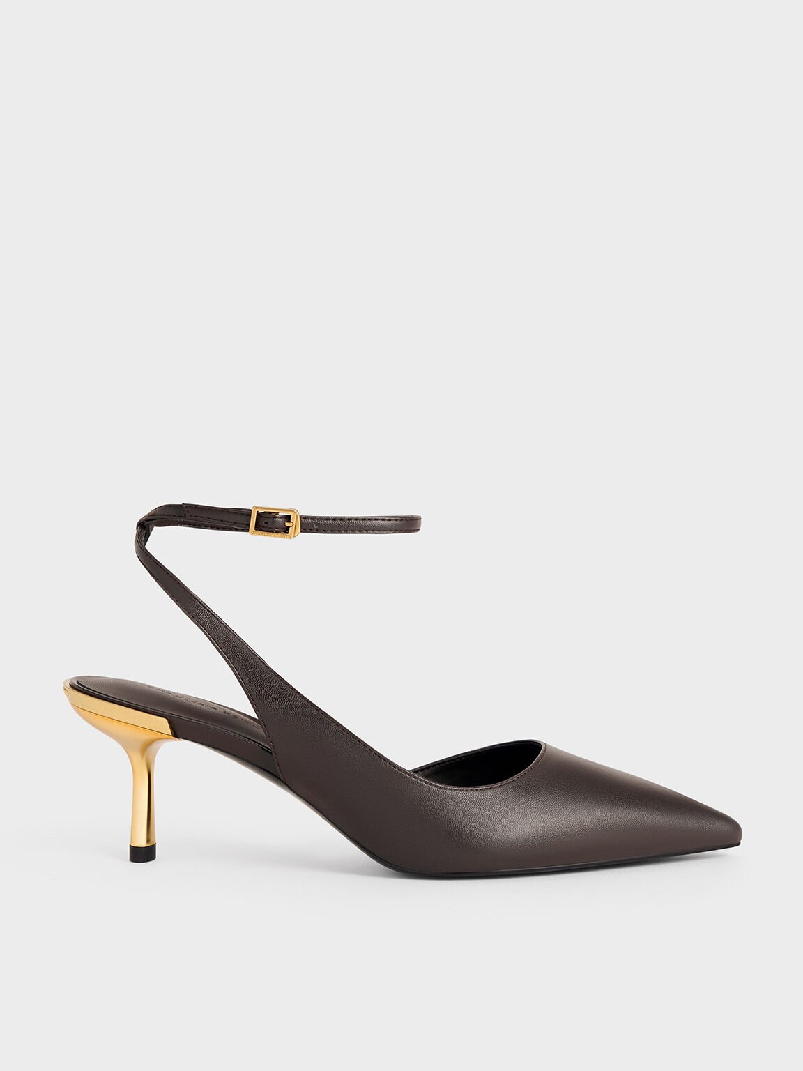 Metallic-Heel Ankle-Strap D'Orsay Pumps, Dark Brown, hi-res