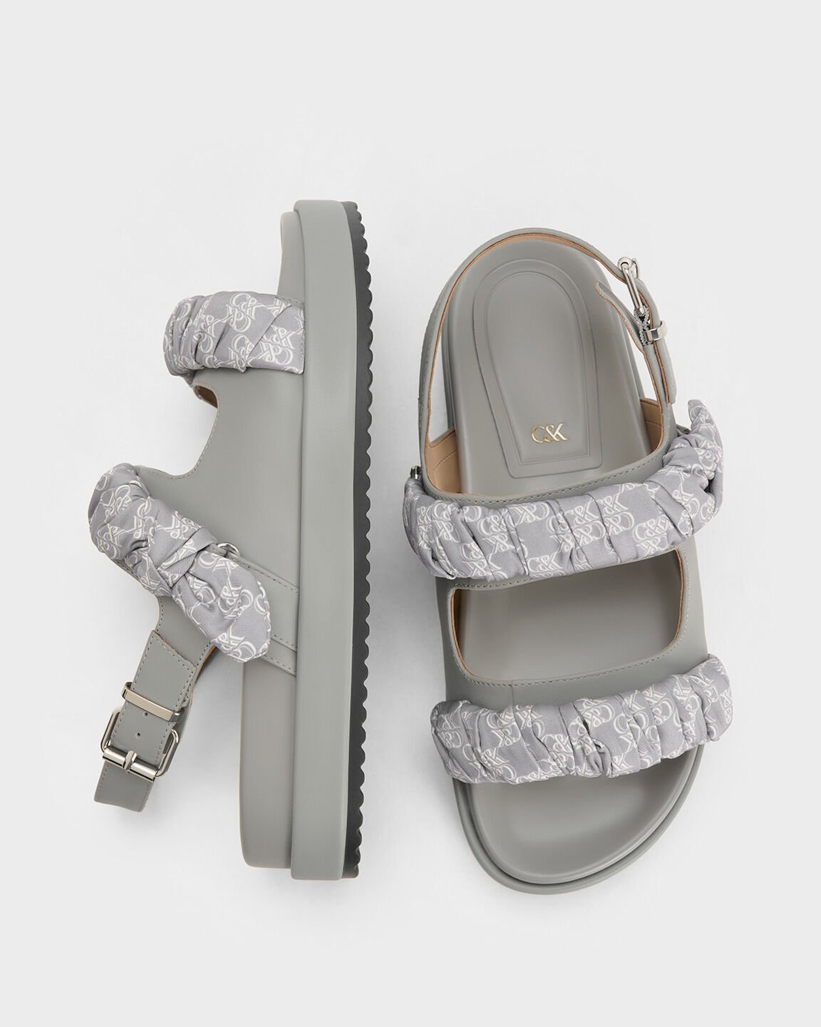 Tully Leather Ruched-Strap Sandals, Grey, hi-res