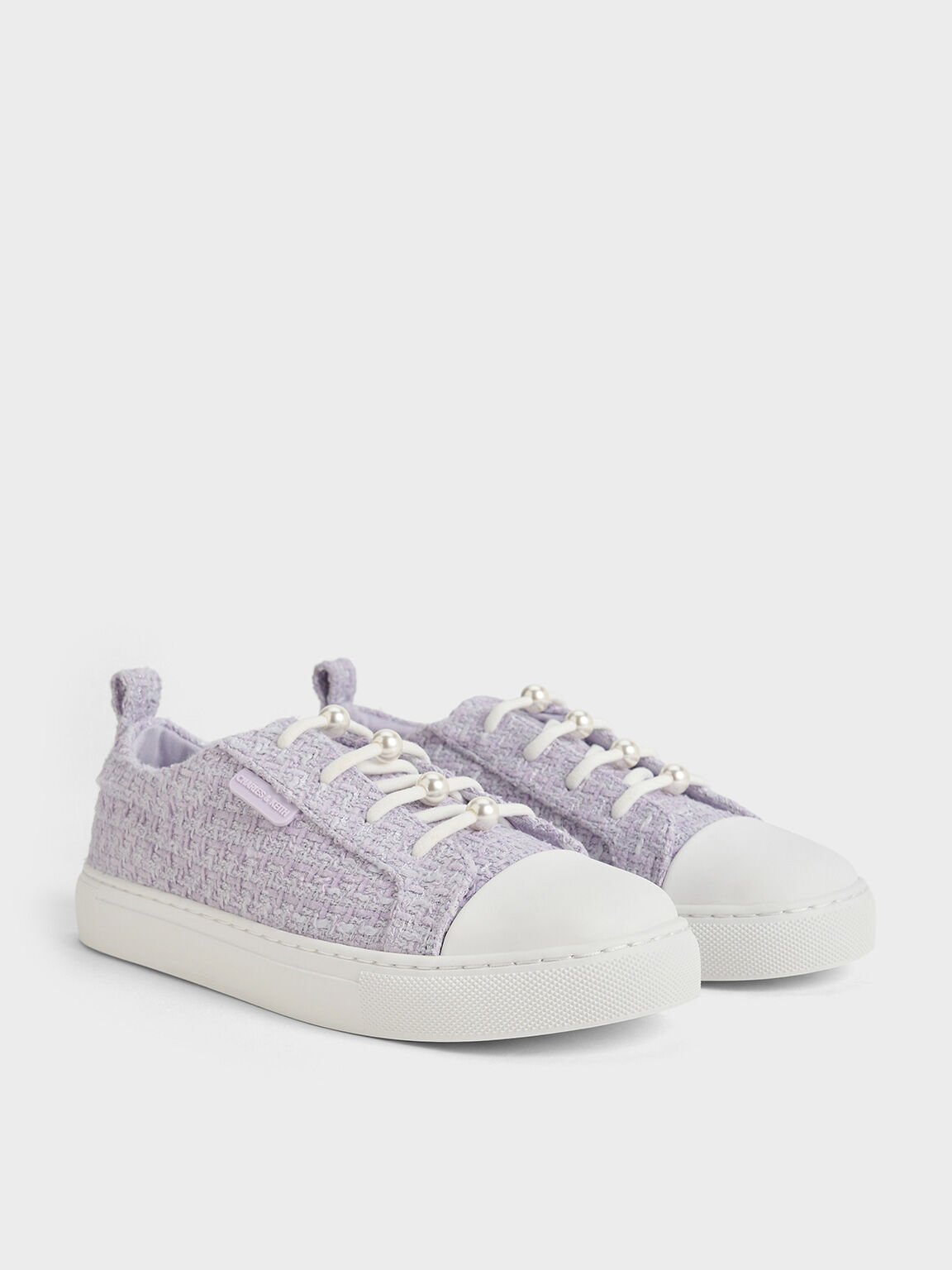 Zapatillas deportivas de tweed para niñas con adornos de perlas, Lila, hi-res