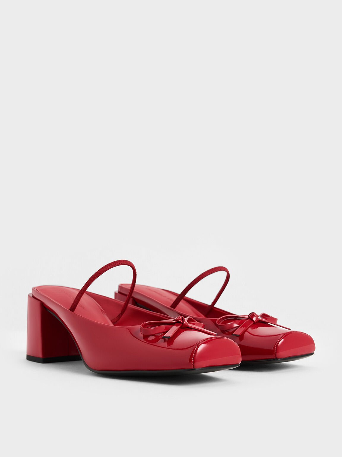 Bow Square-Toe Block-Heel Ballet Mules, Red, hi-res