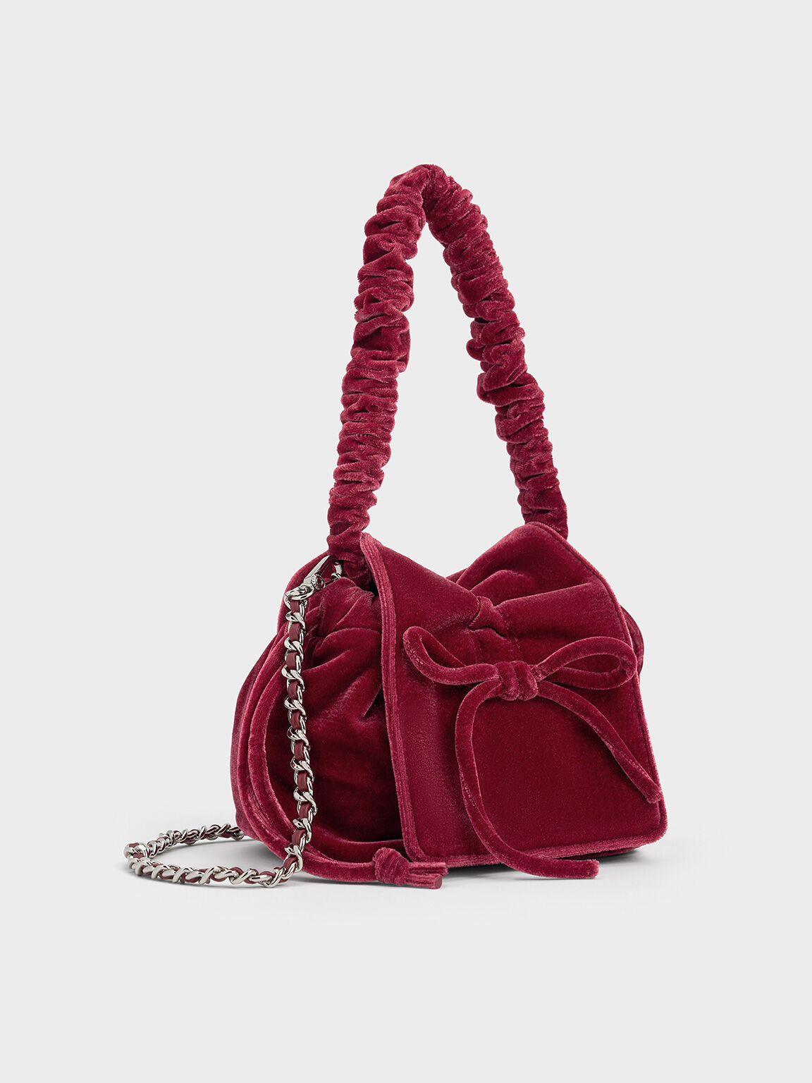 Bolso de terciopelo con asa superior arrugada y lazo, Rosa, hi-res