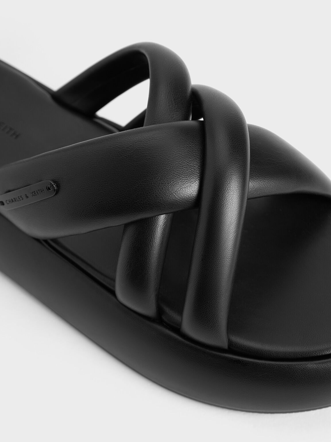 Puffy Crossover-Strap Slide Sandals, Black, hi-res