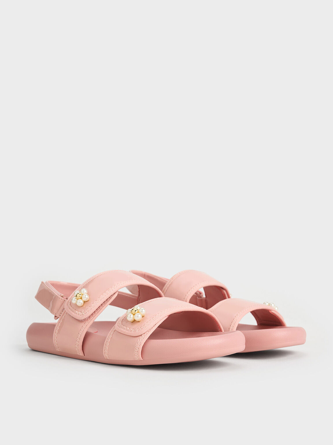 Sandalias de charol para niña con diseño floral de cuentas, Rosado, hi-res