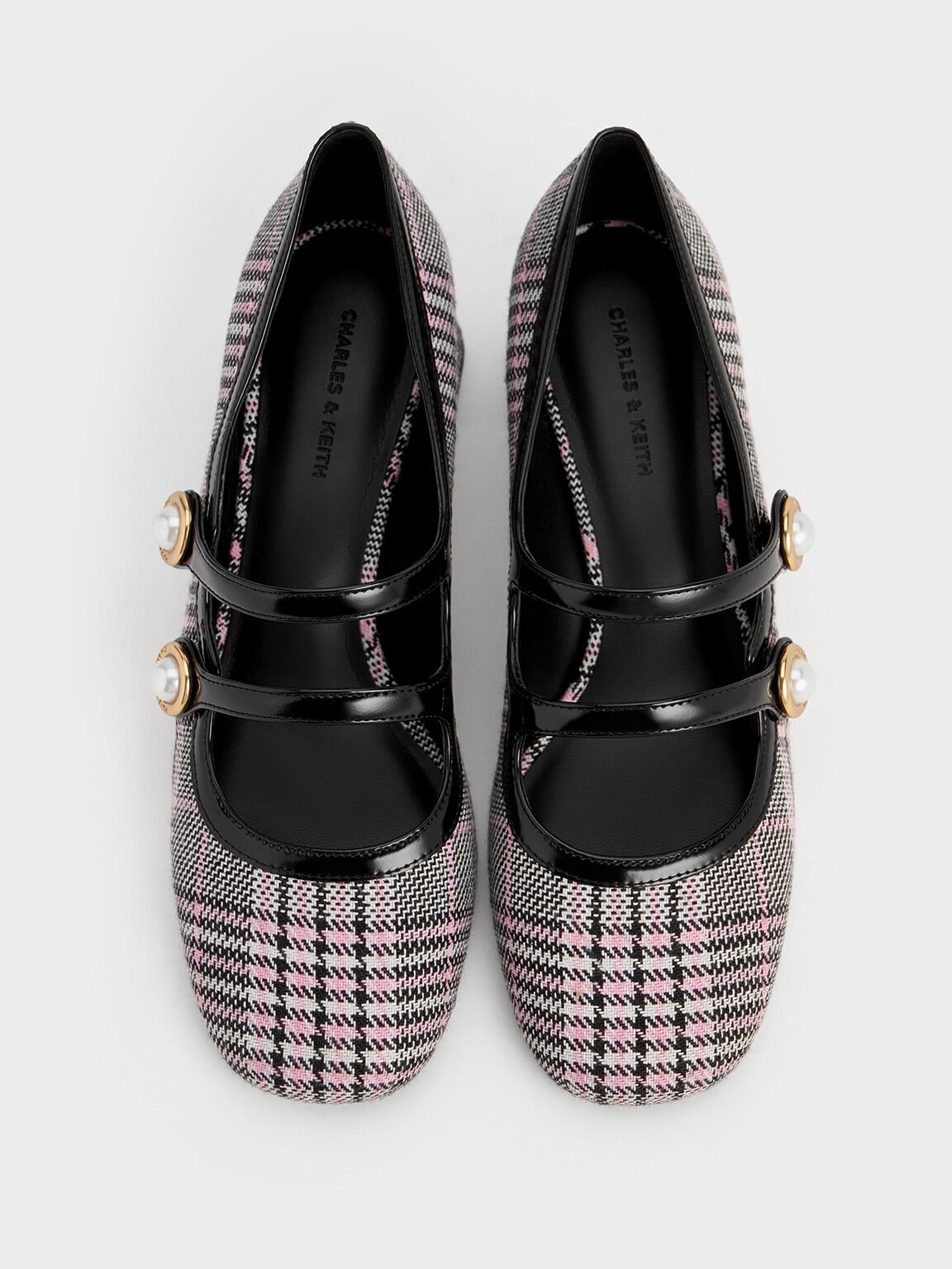 Plaid Pearl-Buckle Mary Jane Pumps, Pink, hi-res