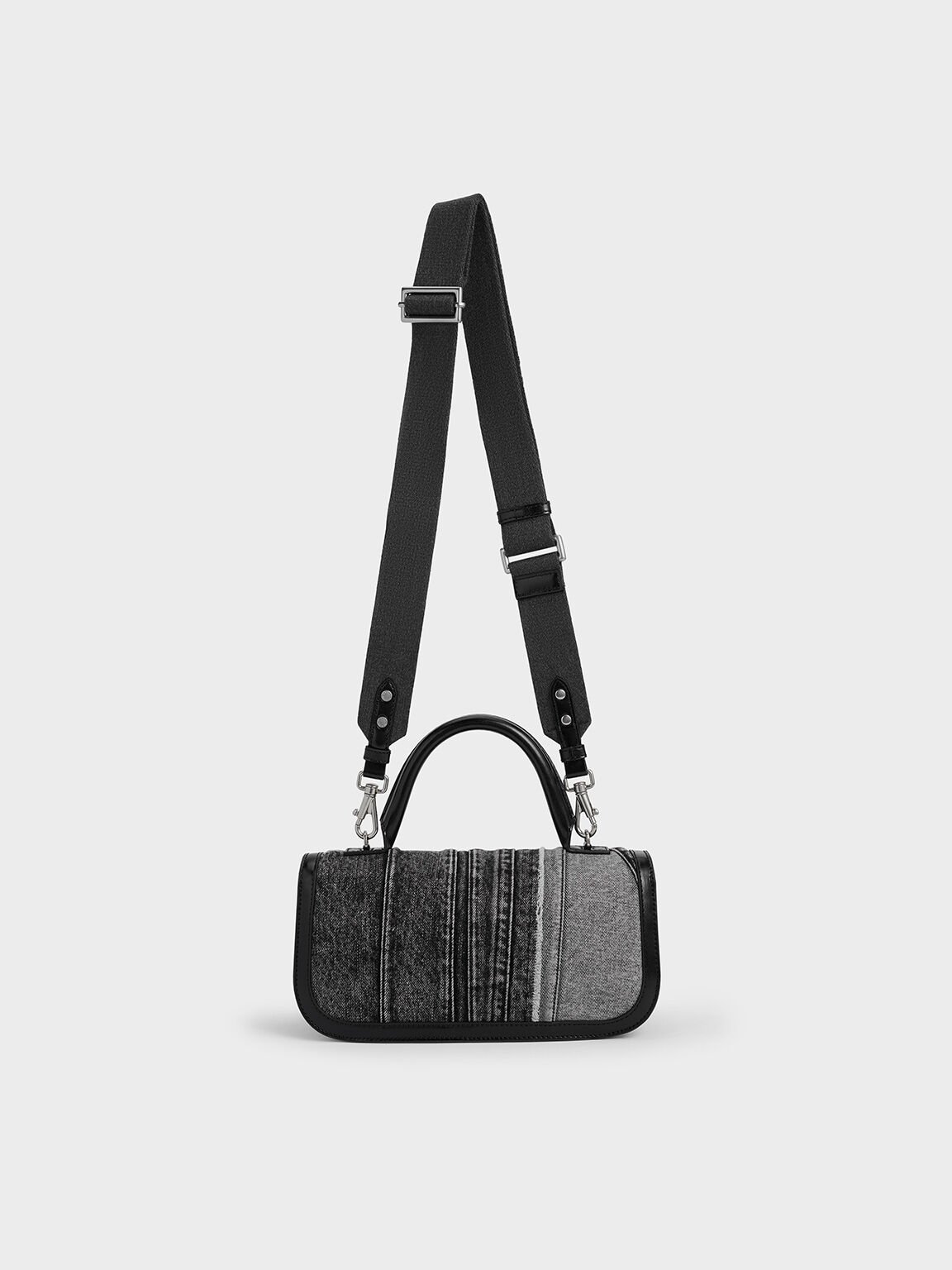 Bolso hobo Charlot alargado de retacería denim con asa superior, Noir, hi-res