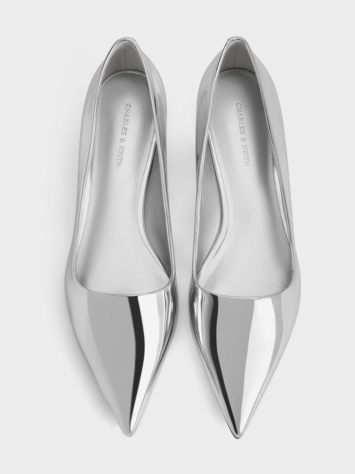 Metallic Pointed-Toe Kitten-Heel Pumps, Silver, hi-res