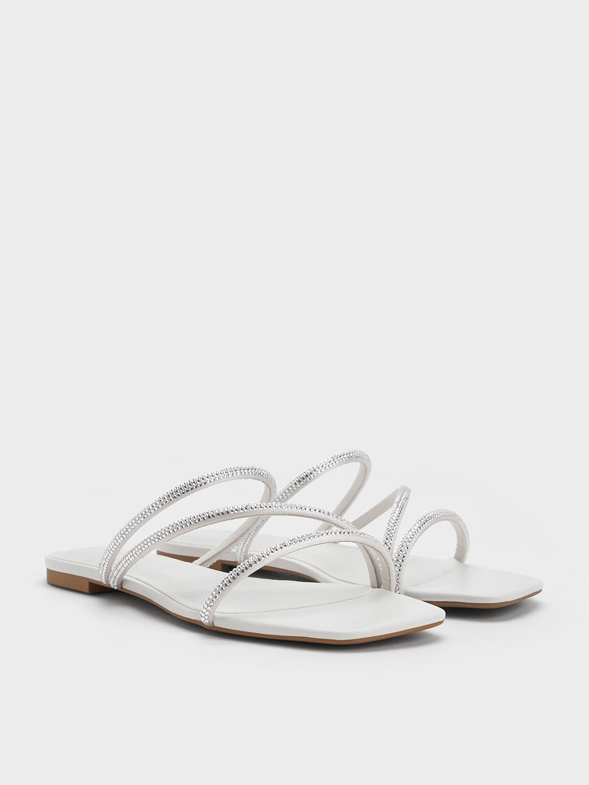 Satin Crystal-Embellished Strappy Sandals, White, hi-res