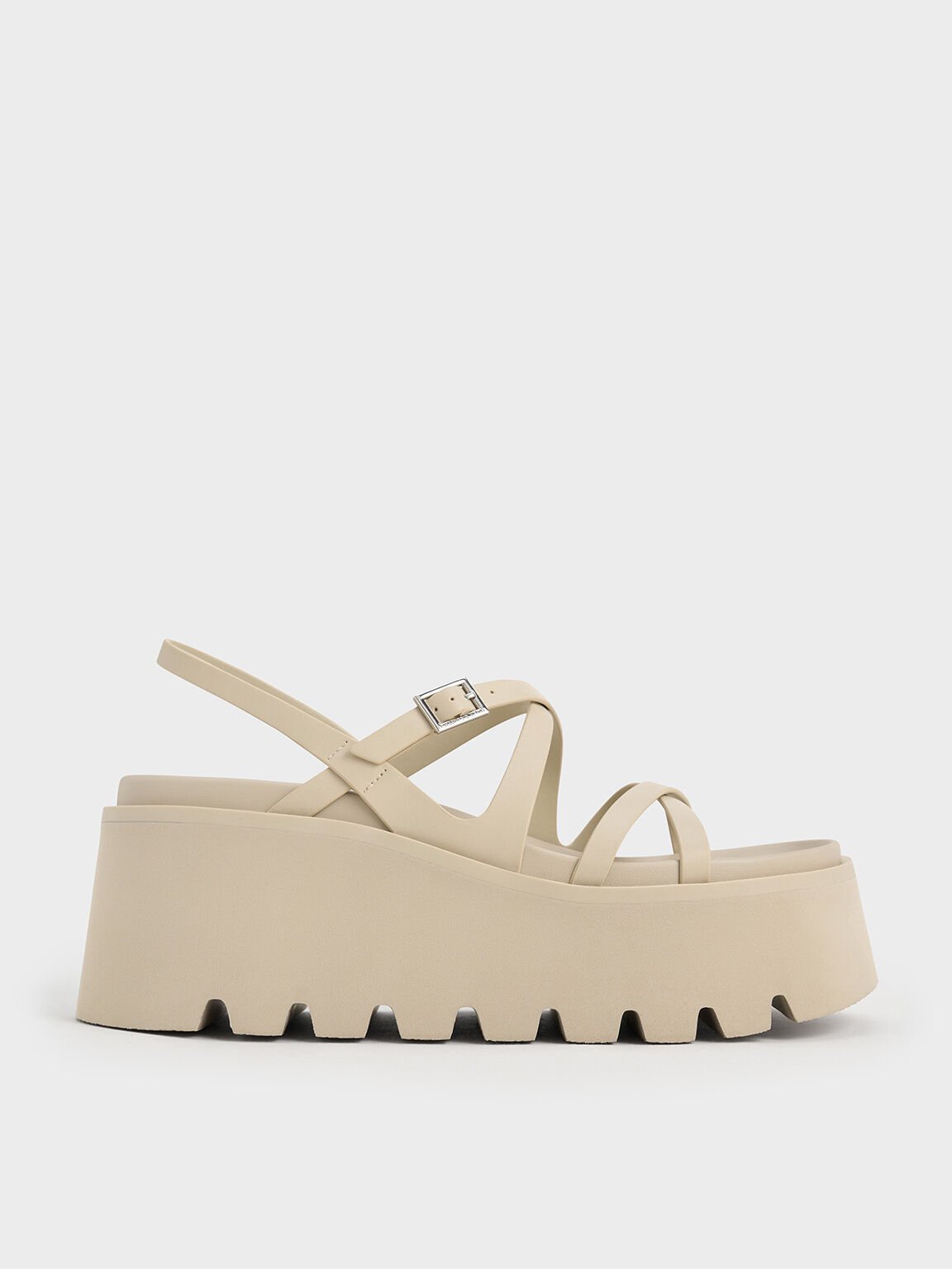 Sandalias de plataforma plana con tiras cruzadas, Beige, hi-res