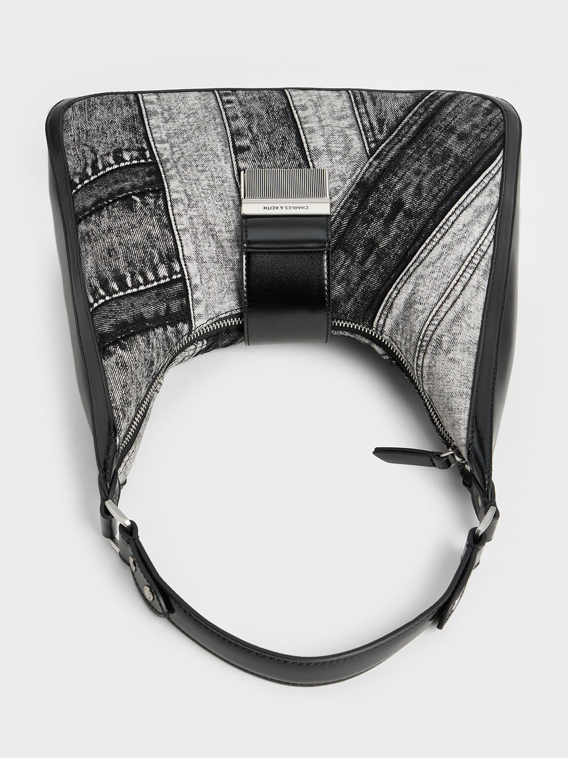 Charlot Patchwork Denim Hobo Bag, Noir, hi-res