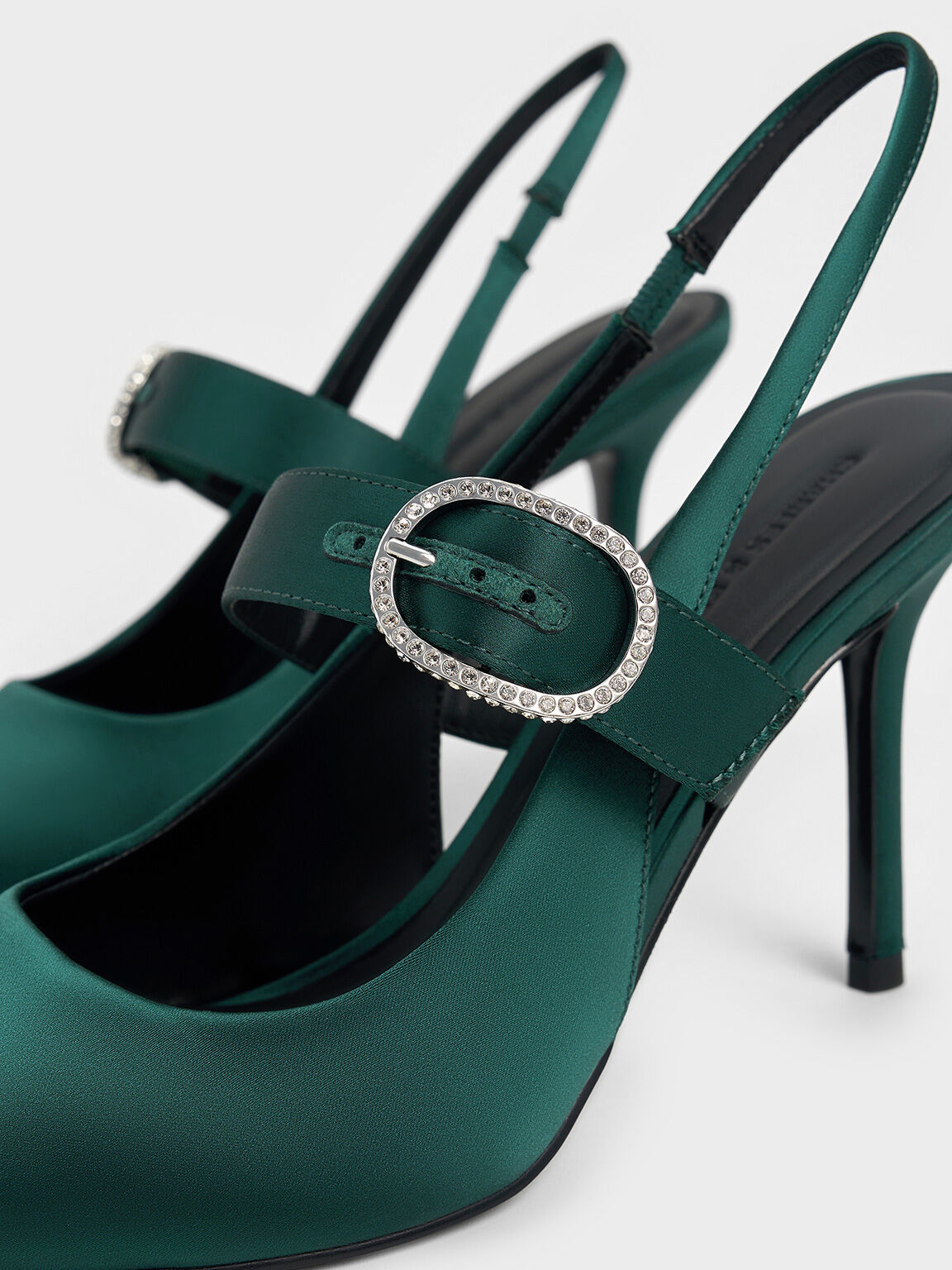 Recycled Polyester Crystal-Buckled Slingback Pumps, Dark Green, hi-res