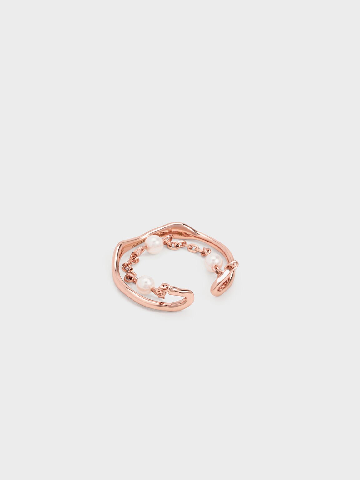 Bague double avec perles et chaîne Corrine, Or Rose, hi-res