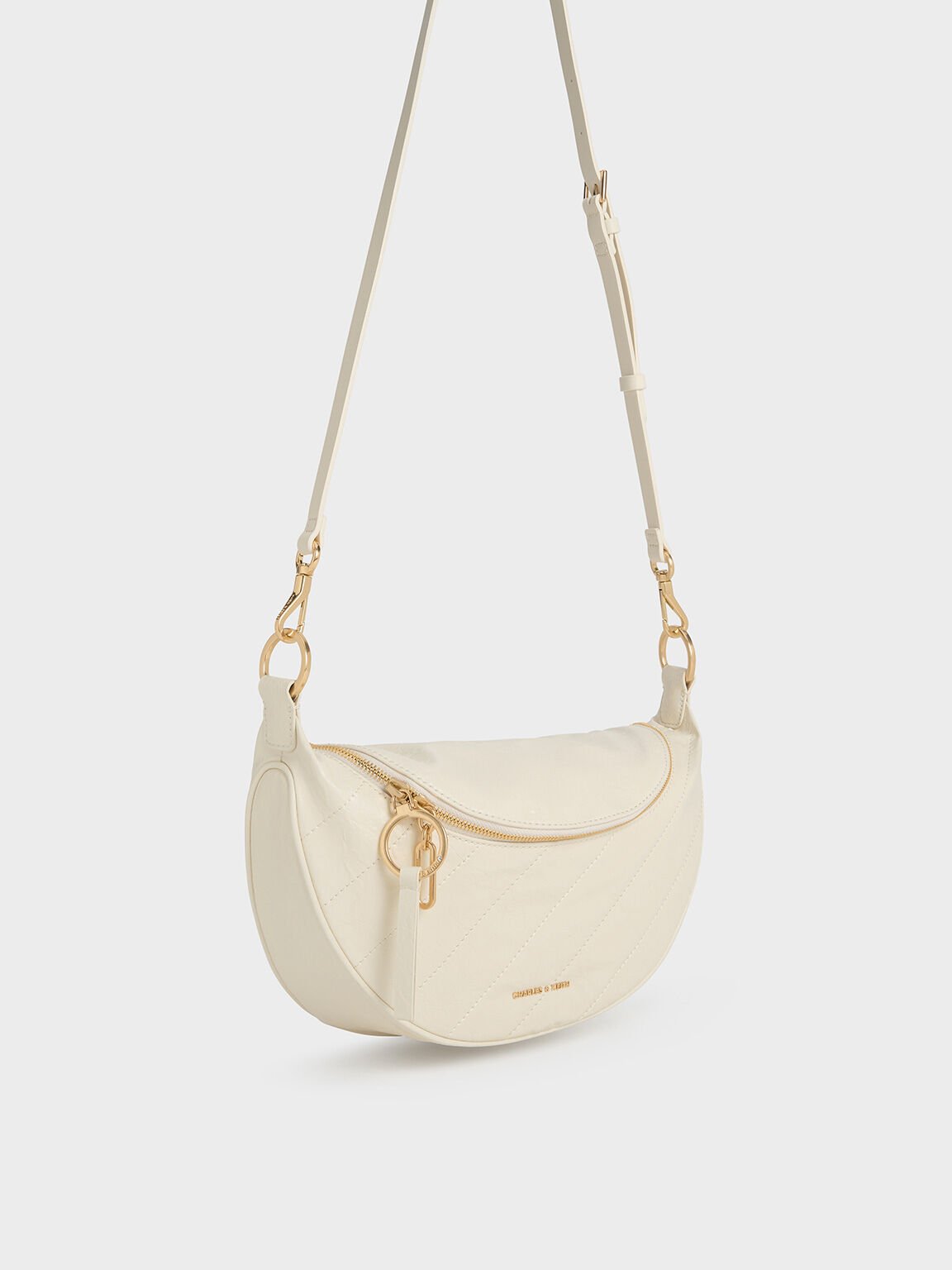 Sac bandoulière demi-lune effet froncé Philomena, Crème, hi-res