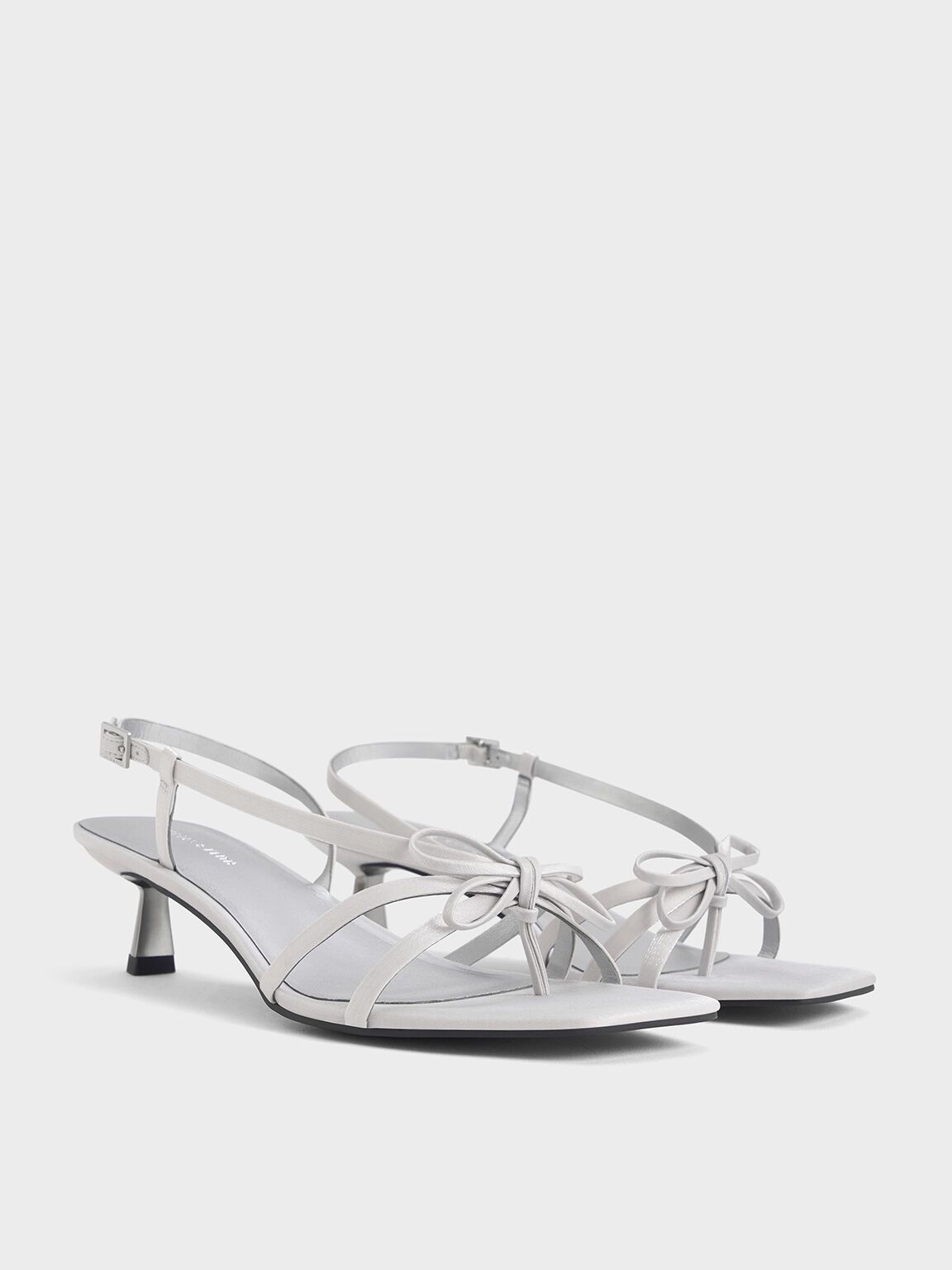 Bow Strappy Heeled Thong Sandals, Silver, hi-res