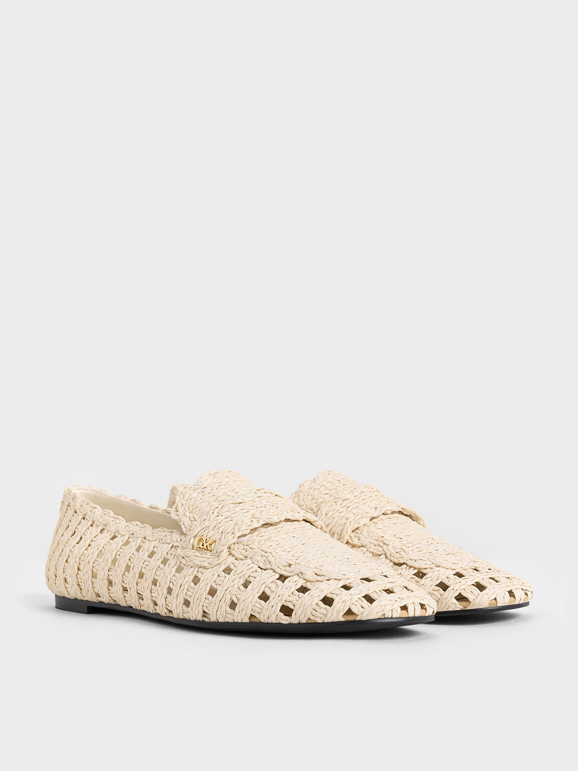Raffia Woven Loafers, White, hi-res