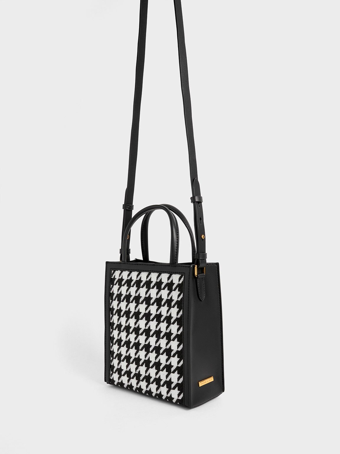 Bolso Tote de Doble Asa con Estampado de Pata de Gallo, Negro, hi-res