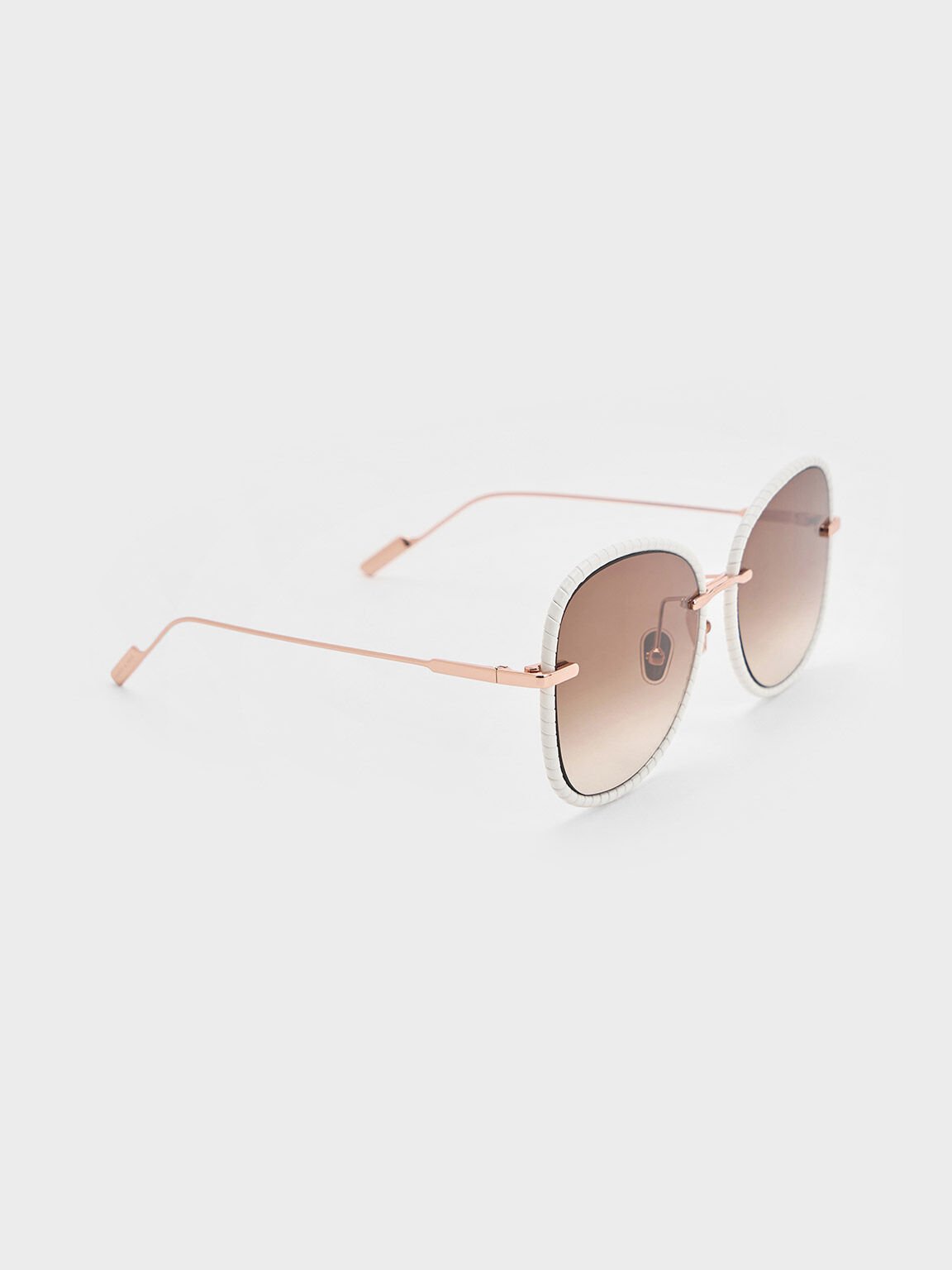 Lunettes de soleil papillon à monture tressée en cuir, Crème, hi-res